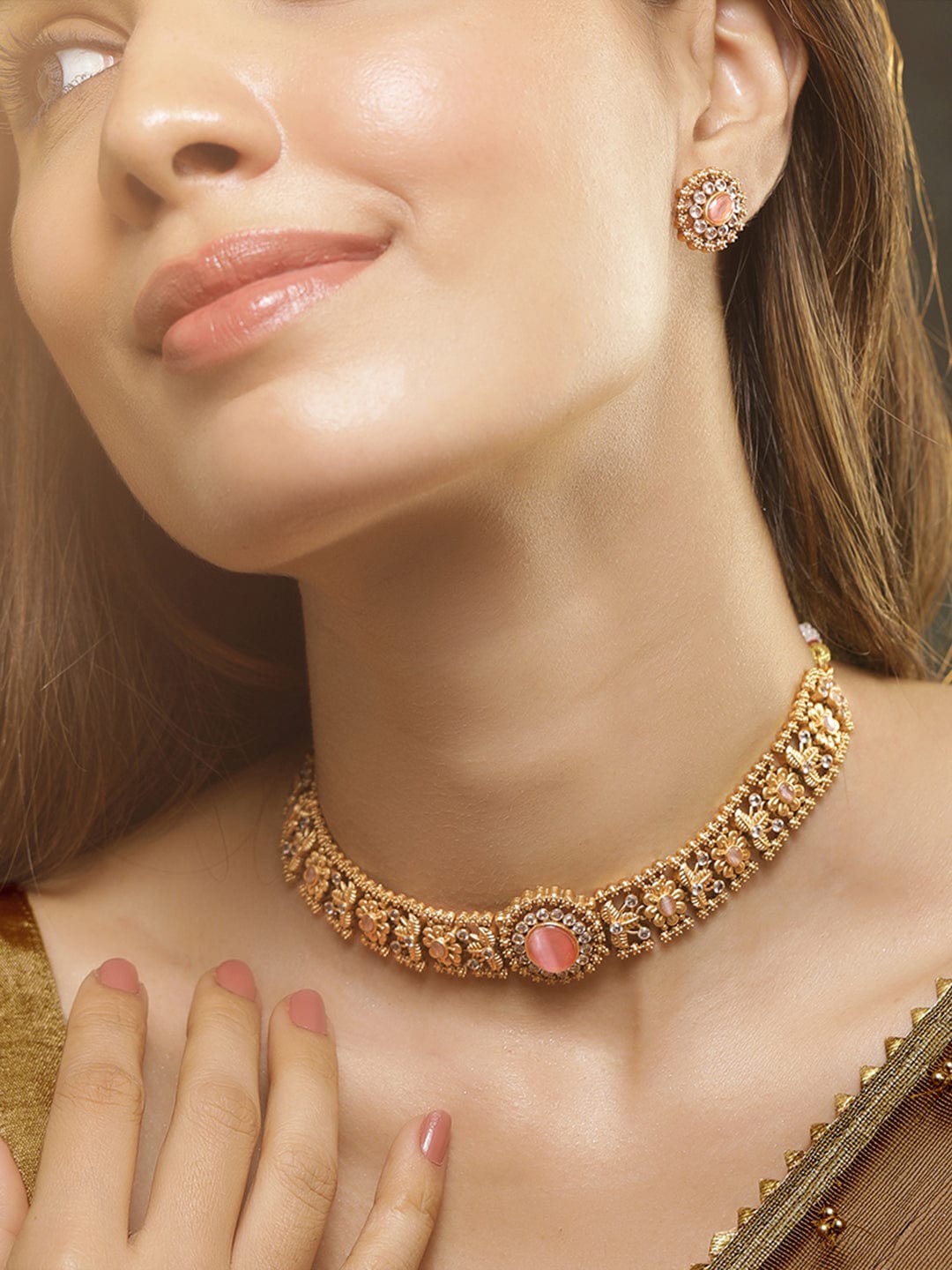 Golden Floral Pink Choker Set
