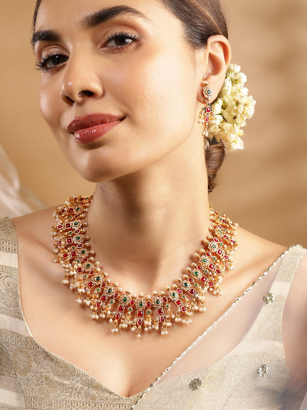 Pearl Drop Ruby Studded Necklace Set