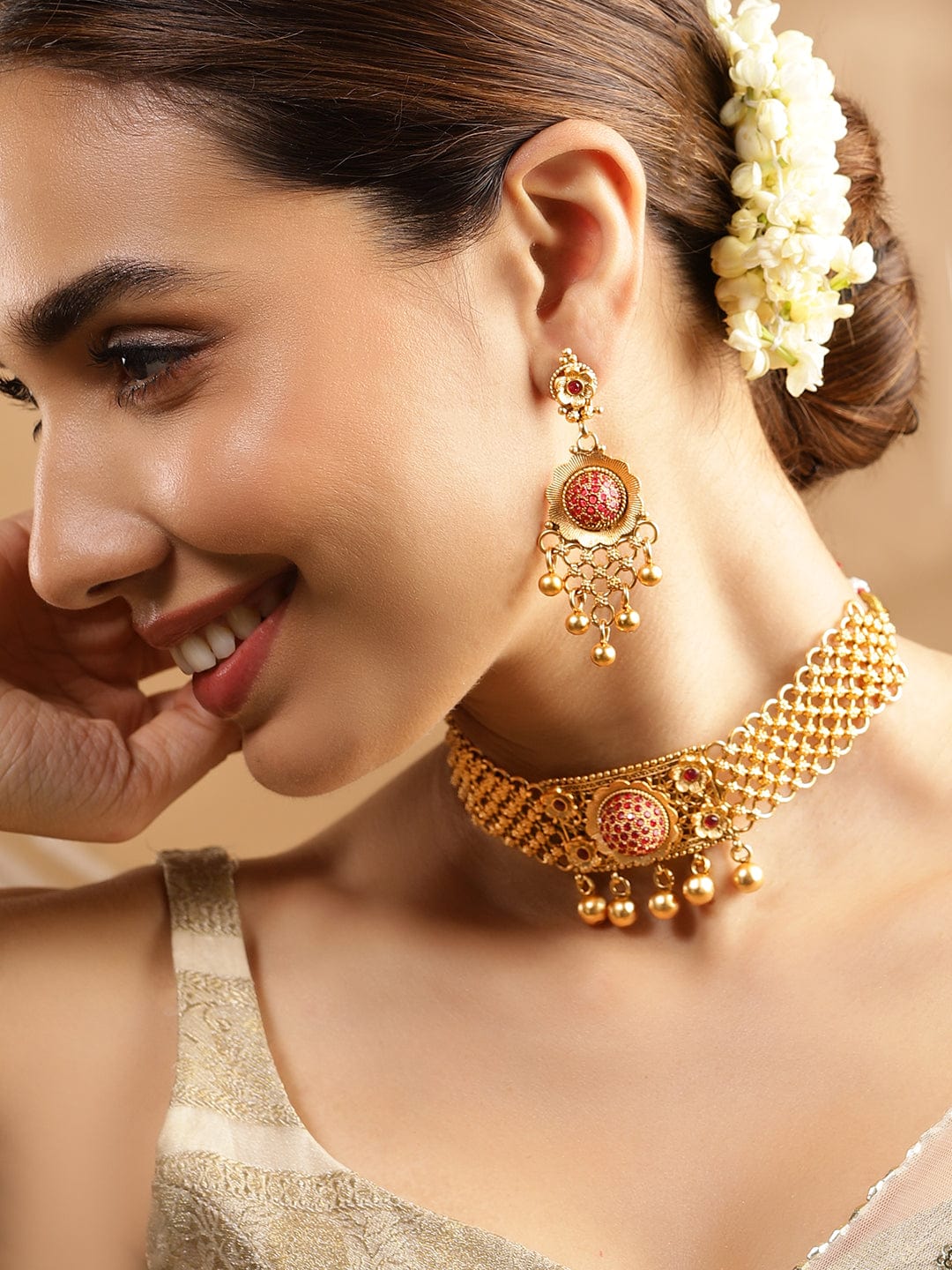 Wentra 24K Gold Plated Handcrafted Ruby Stone Studded & Gold Beaded Traditional Choker Set