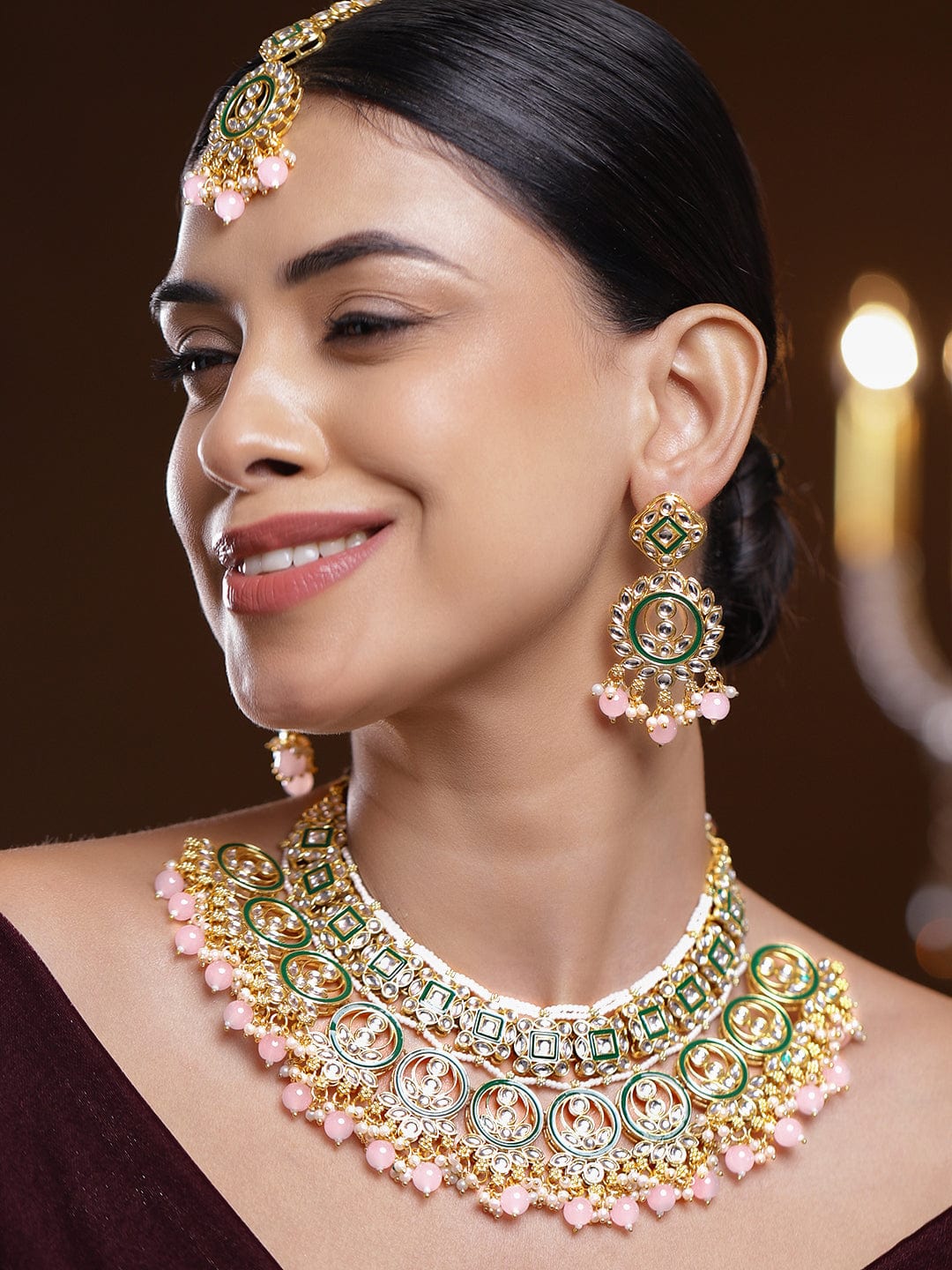 Pink Elegant Shine Kundan Necklace Set