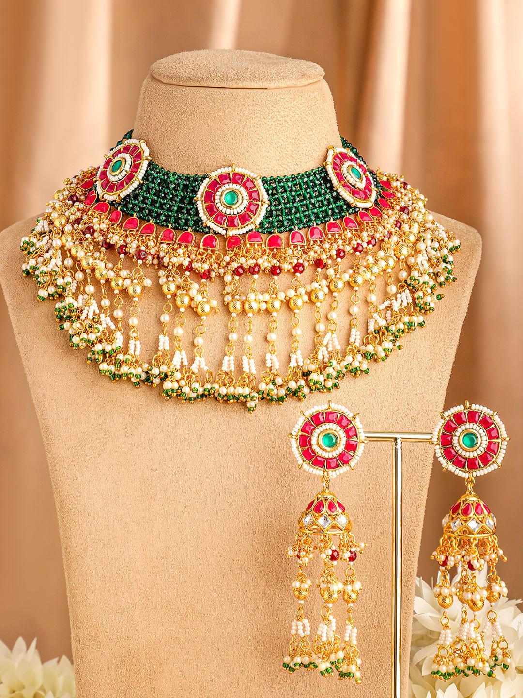 Green Beaded Pink Studded Pearl Necklace Set