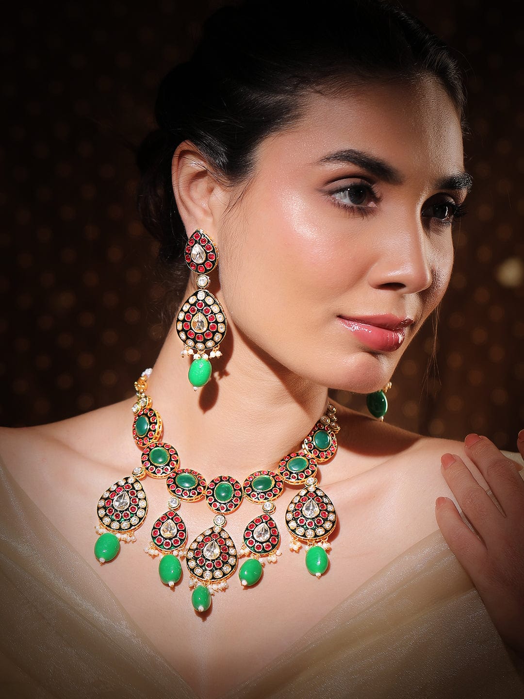 Elite Garden Pink-Green Kundan Necklace Set