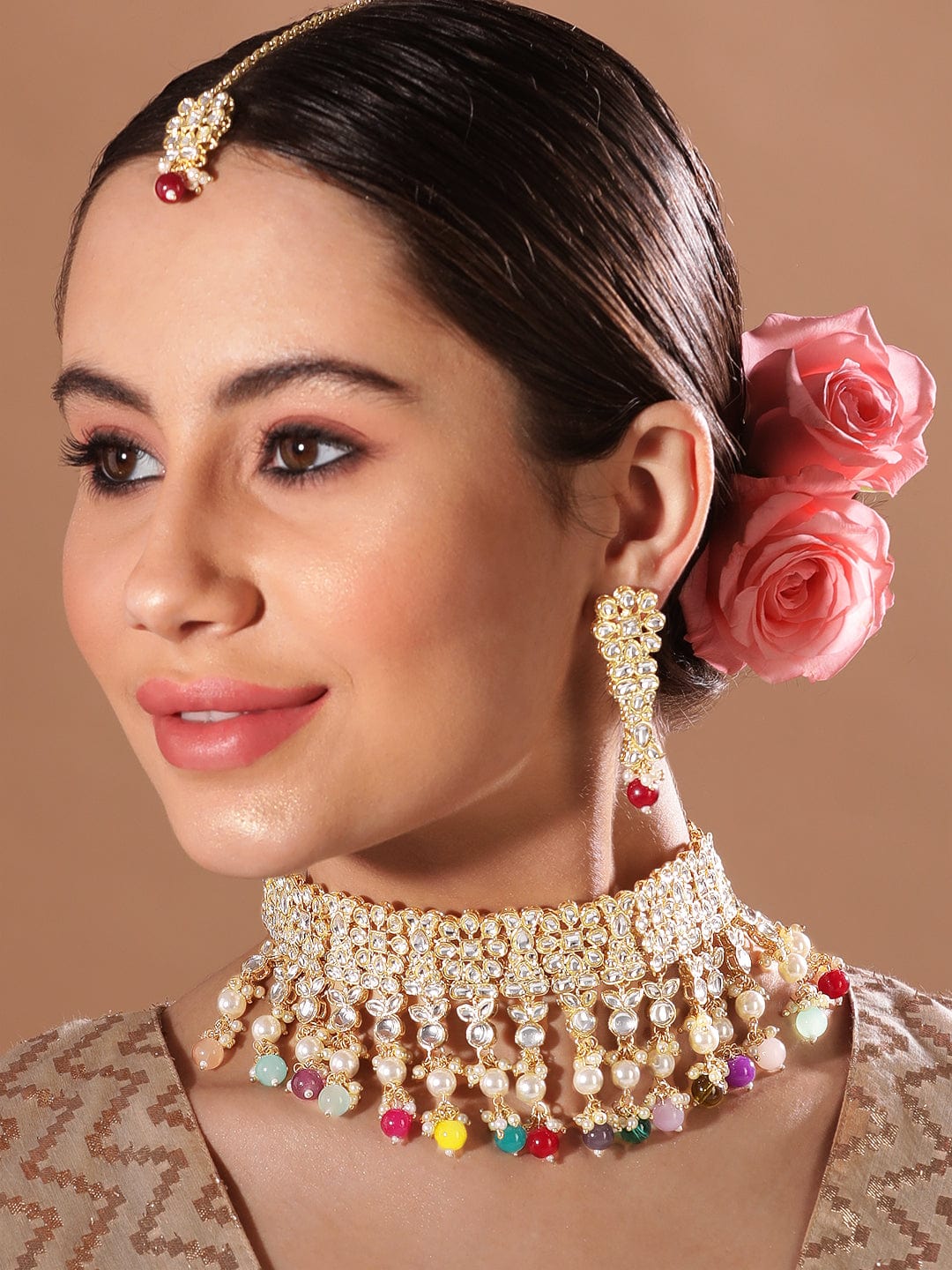 Wentra 24K Gold Plated Kundan Stone Studded Multicolour Pearl & Beads Necklace Set