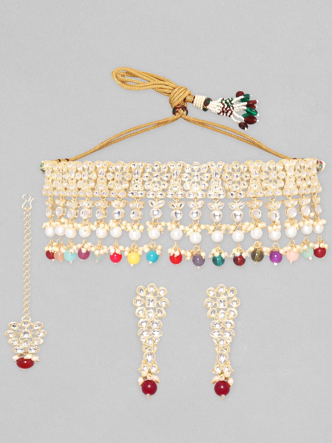 Wentra 24K Gold Plated Kundan Stone Studded Multicolour Pearl & Beads Necklace Set