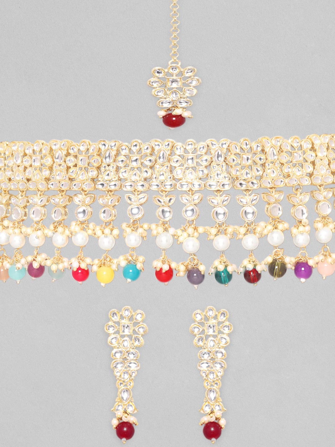 Wentra 24K Gold Plated Kundan Stone Studded Multicolour Pearl & Beads Necklace Set