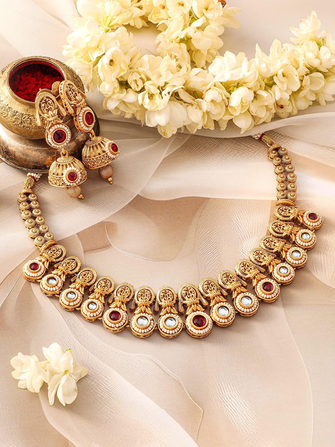 Red & White Studded Floral Gold Necklace Set