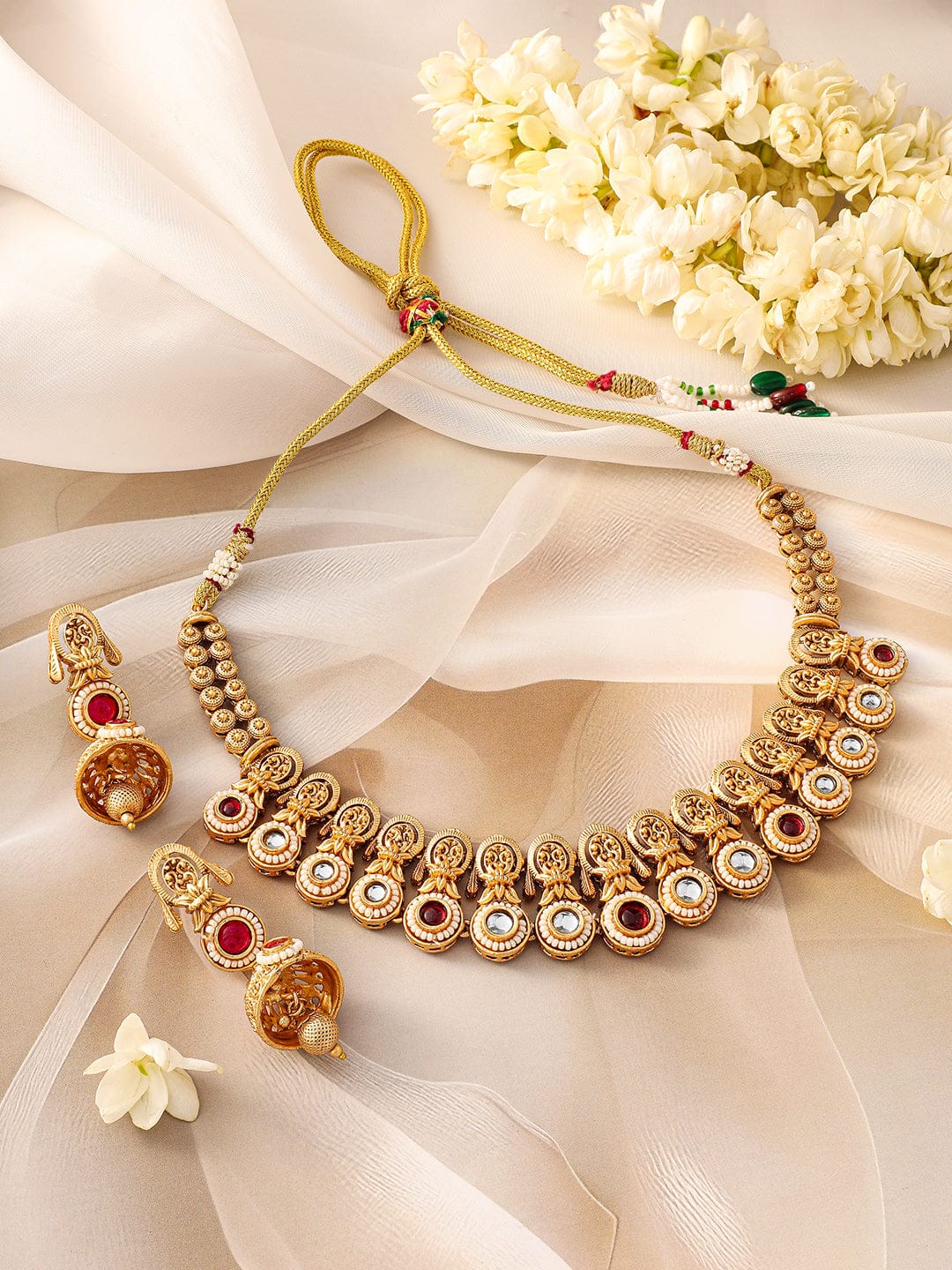 Red & White Studded Floral Gold Necklace Set