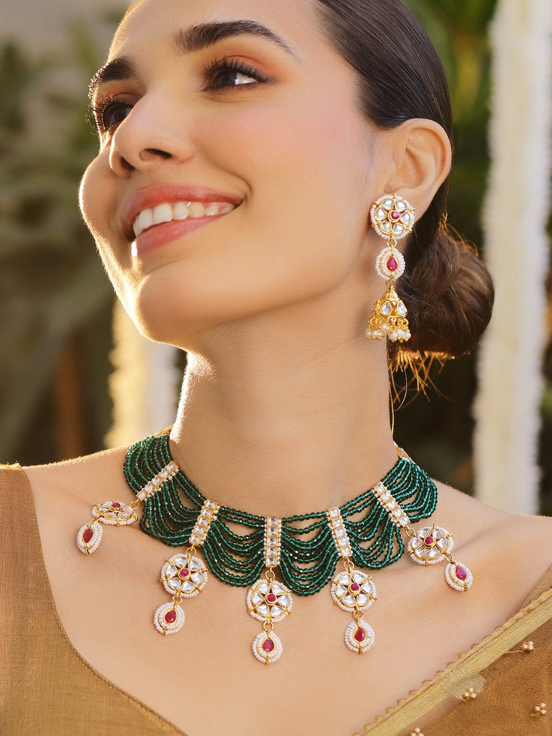 Art Deco Green Pink Necklace Set