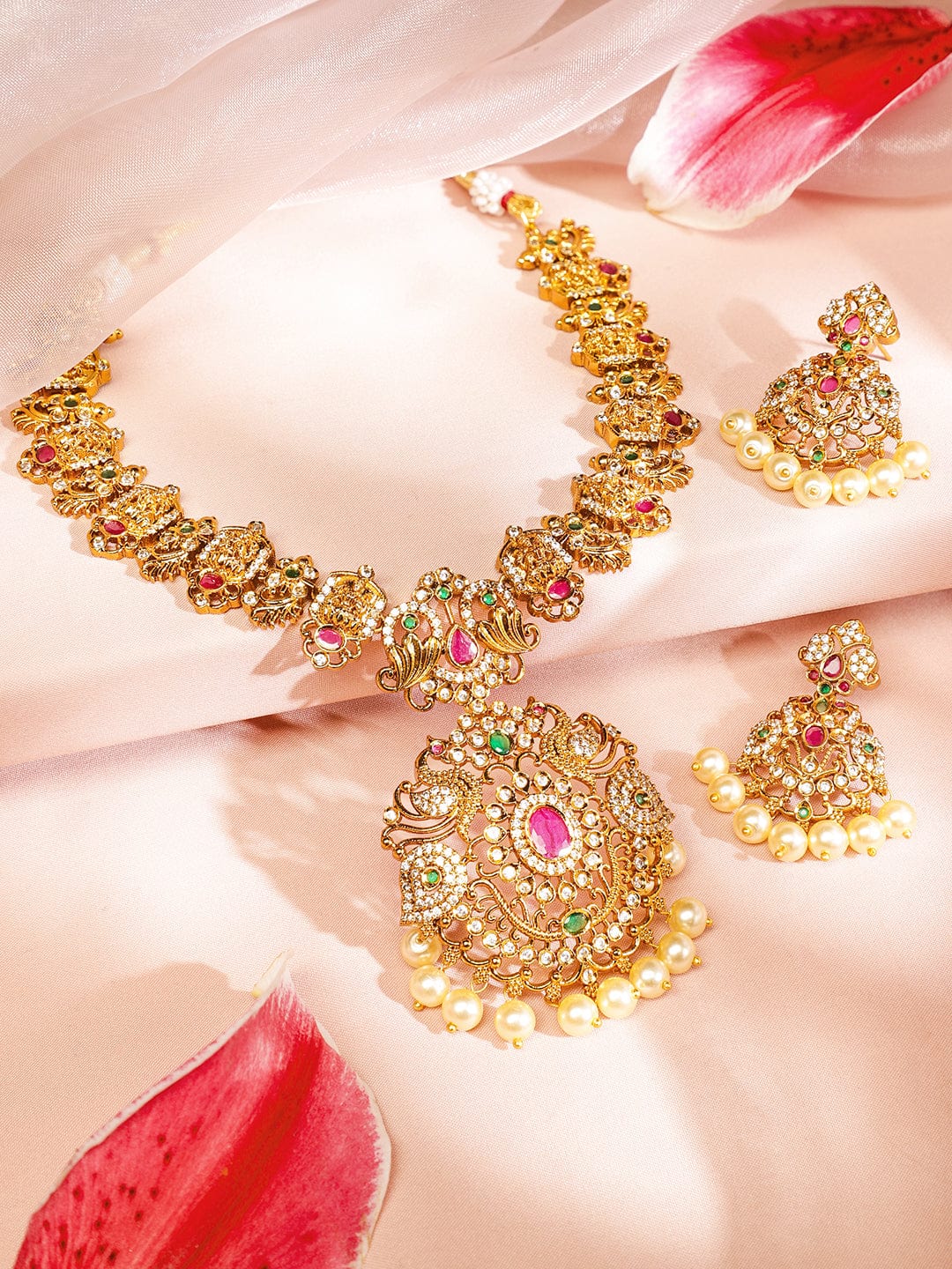 American Diamond Zirconia Necklace Set With Pearl Drops