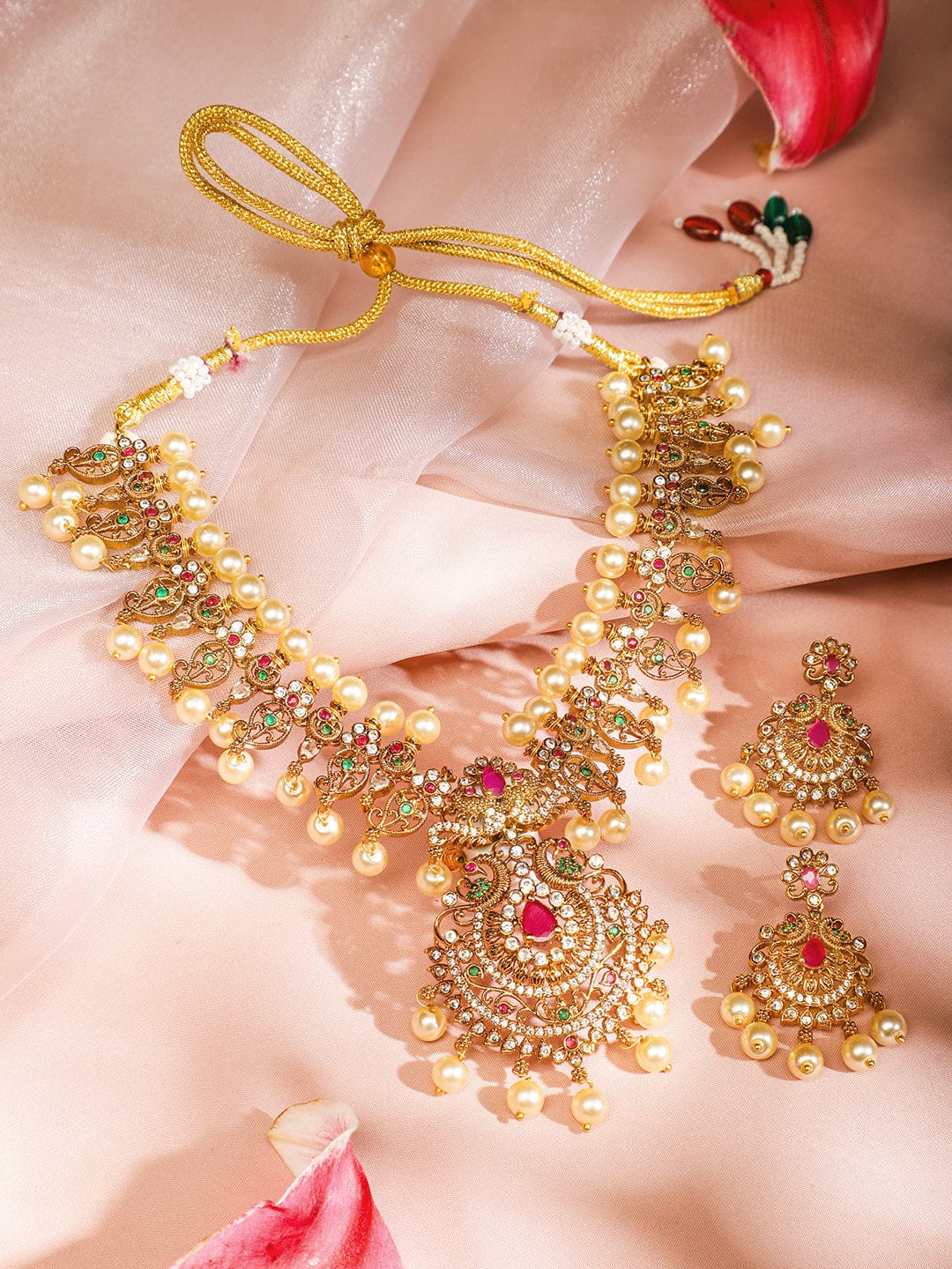 Multicolor Studded Pearl Embellished Necklace Set