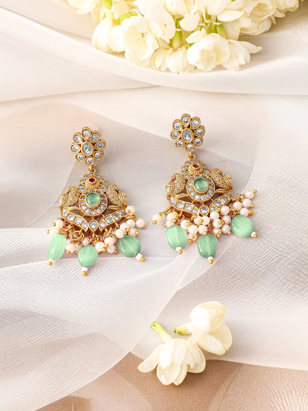 White Studded Mint Beaded Pearl Necklace Set