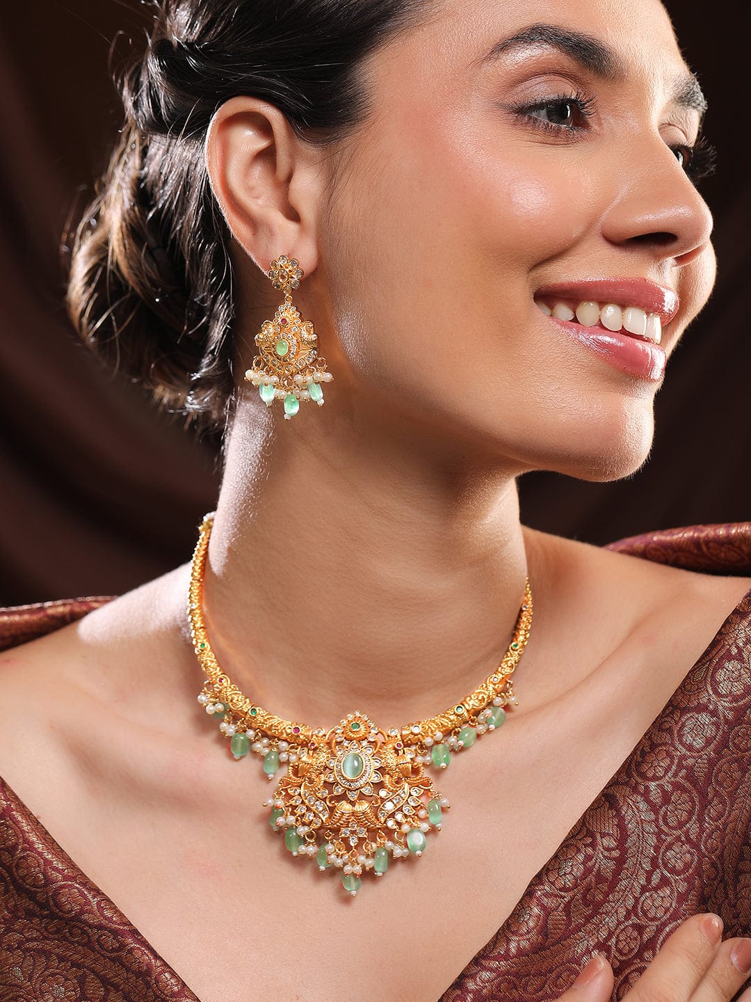 White Studded Mint Beaded Pearl Necklace Set
