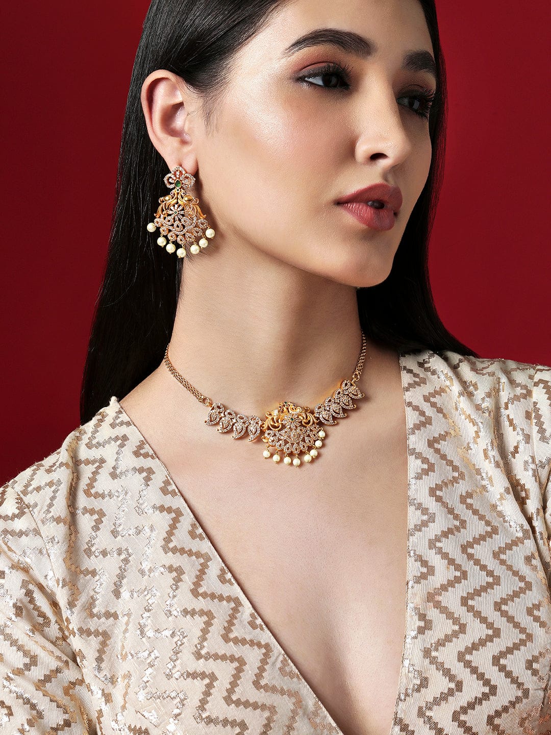 American Diamond Zirconia Pearl Drop Necklace Set