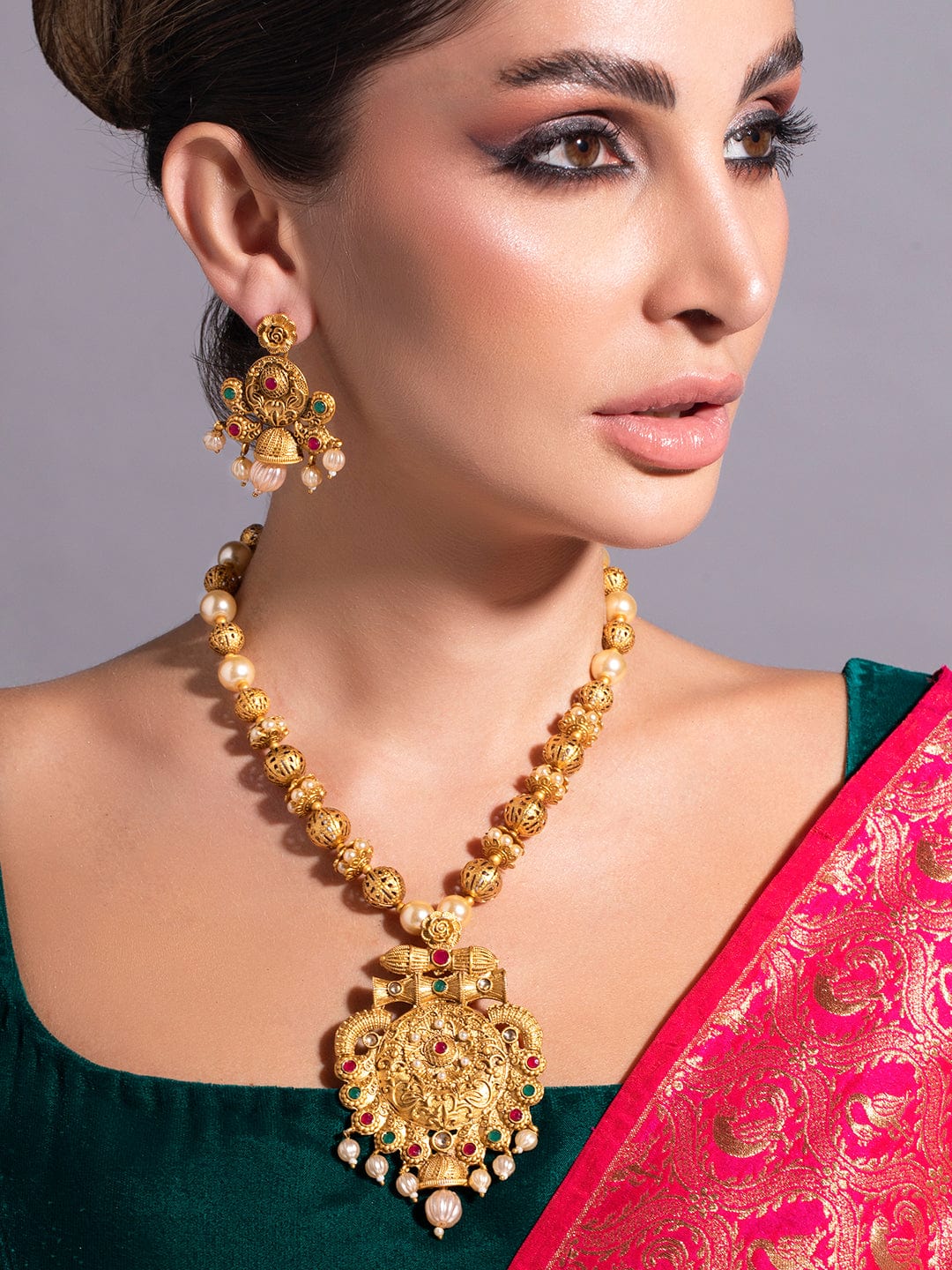 Wentra 24K Gold Plated Ruby & Emerald Stones and Pearl & Golden Beads Temple Jewelry Set