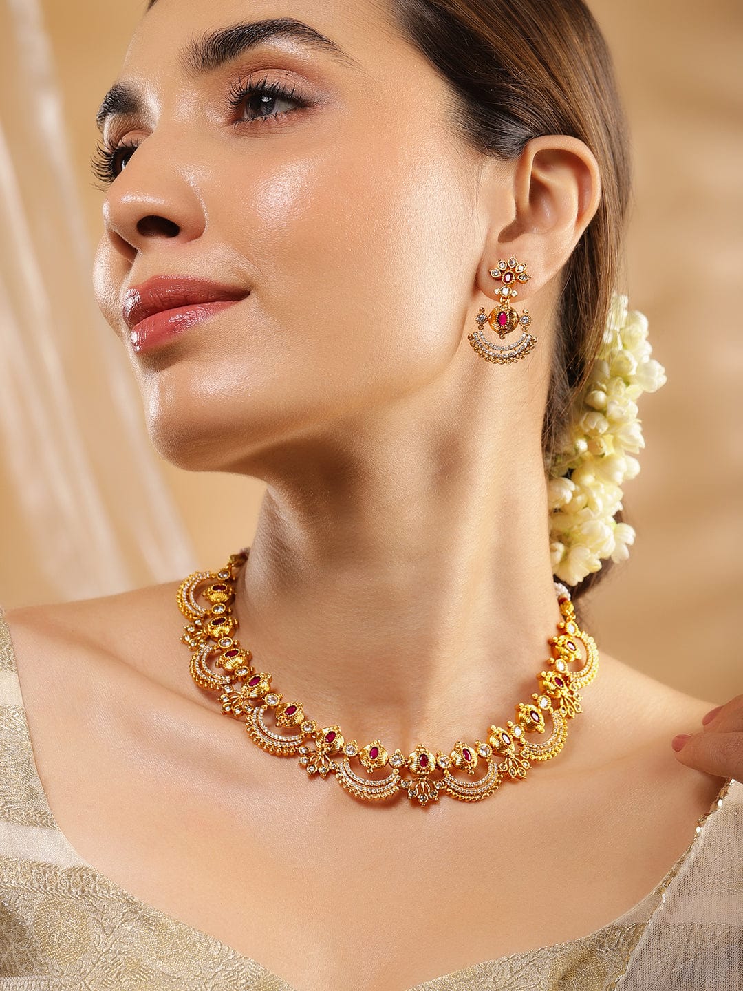 Wentra 24K Gold-Plated Ruby Pink & Cubic Zirconia Studded Temple Necklace Set with Chandbali Earrings