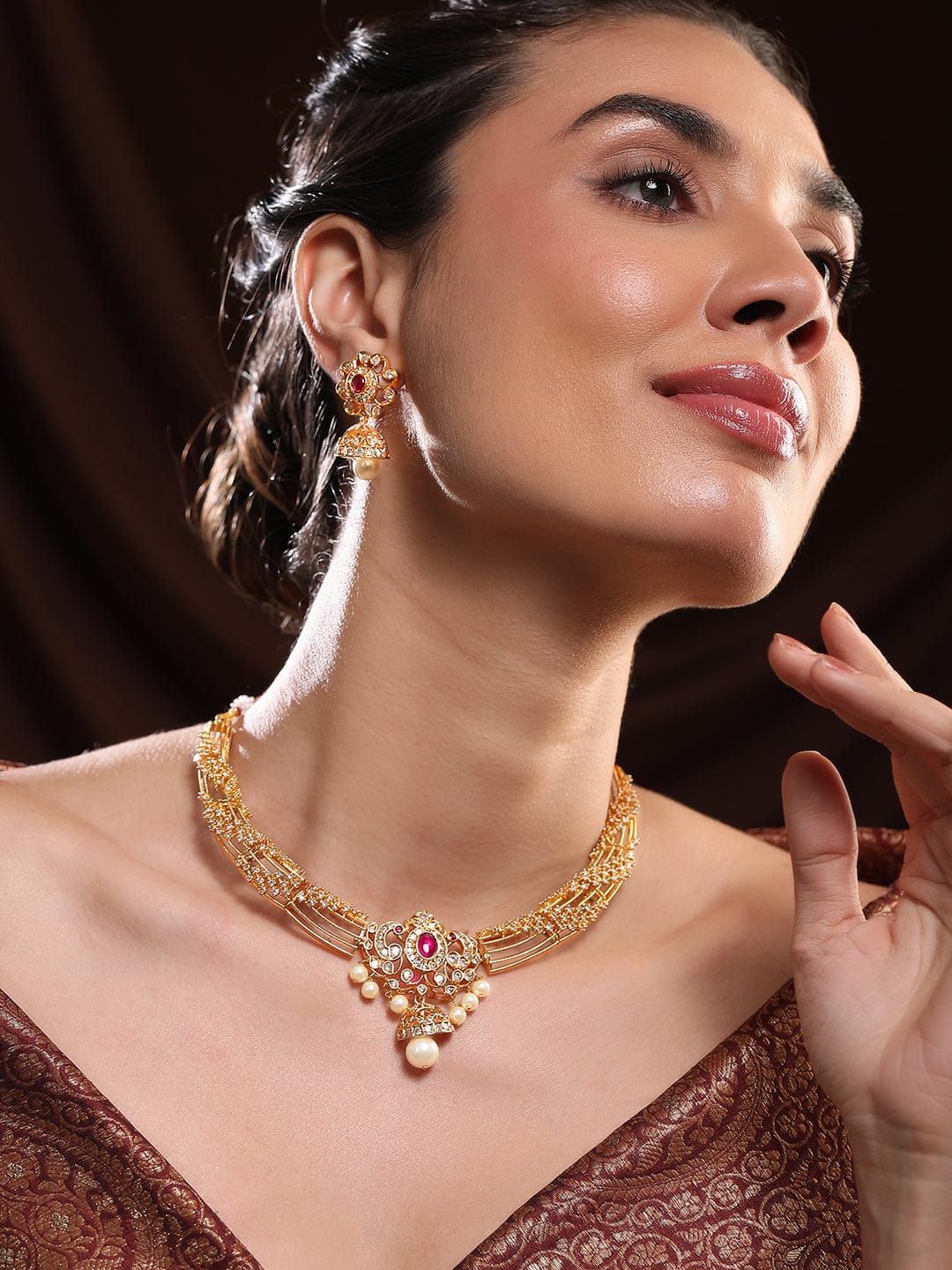 White Studded Pearl Gold Toned Necklace Set