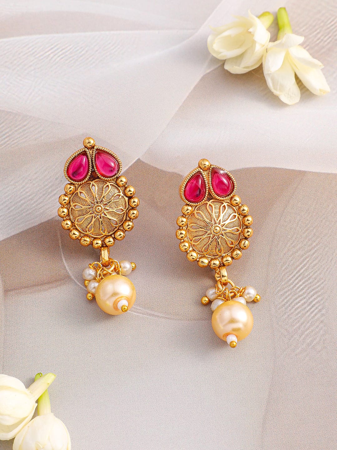 Gold Necklace Set With Pink & Green Studs