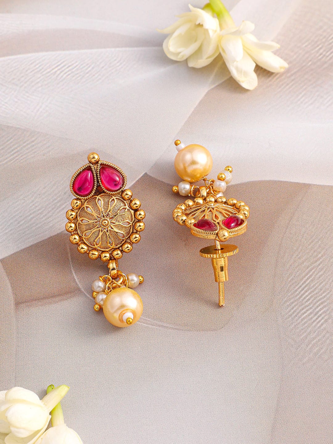 Gold Necklace Set With Pink & Green Studs