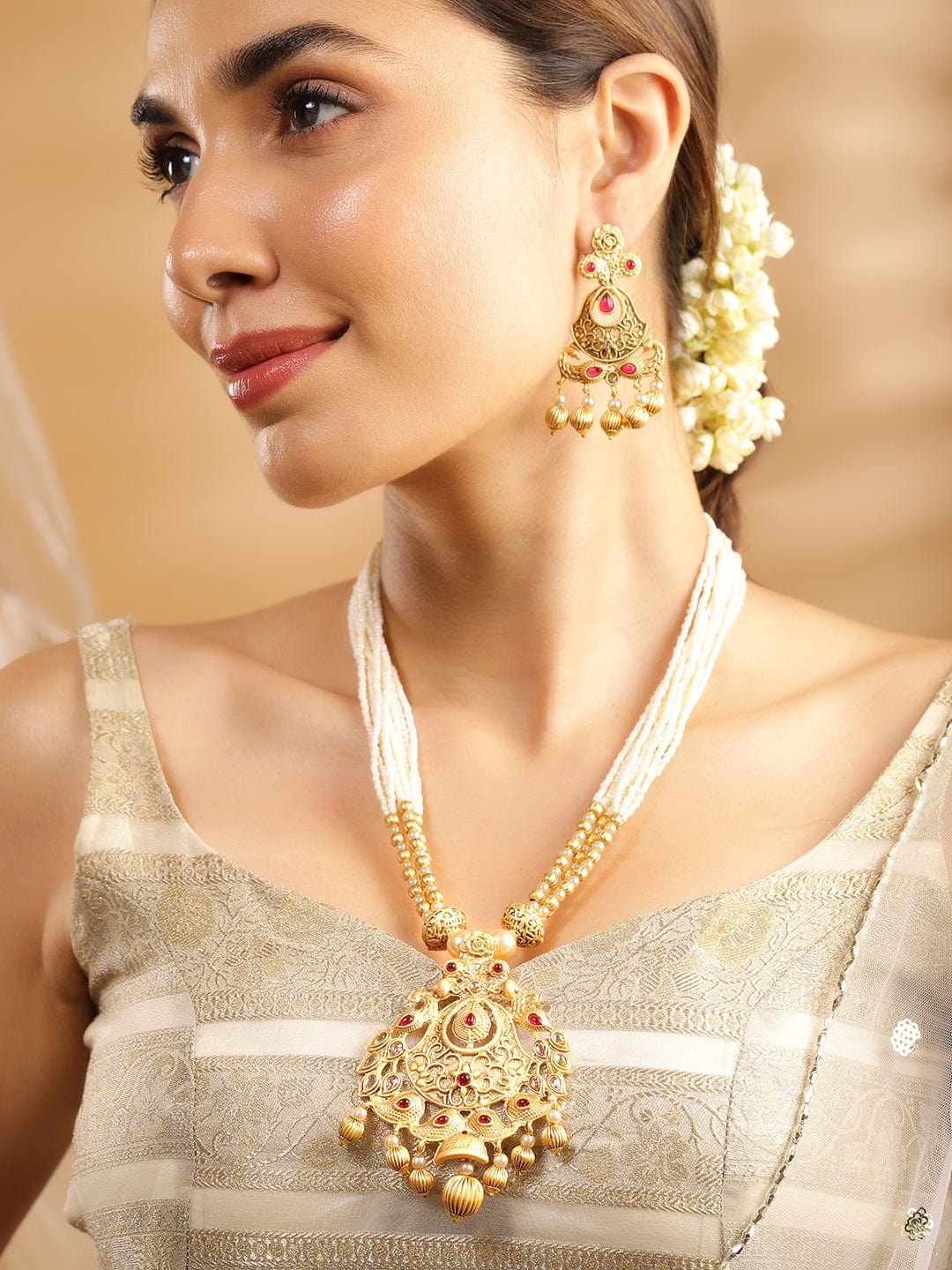 Wentra 24K Gold Plated Ruby Studded Golden & Pearl Beaded MultiStrand Temple Jewellery Set