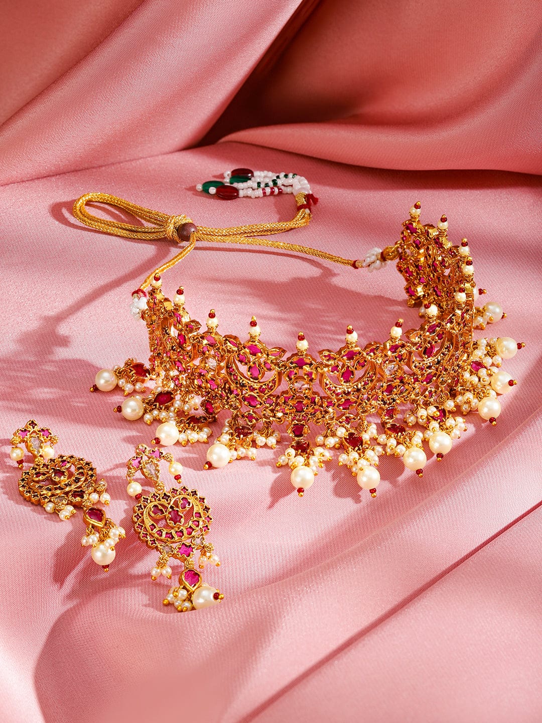 Pink Studded Pearl Beaded Kundan Choker Set