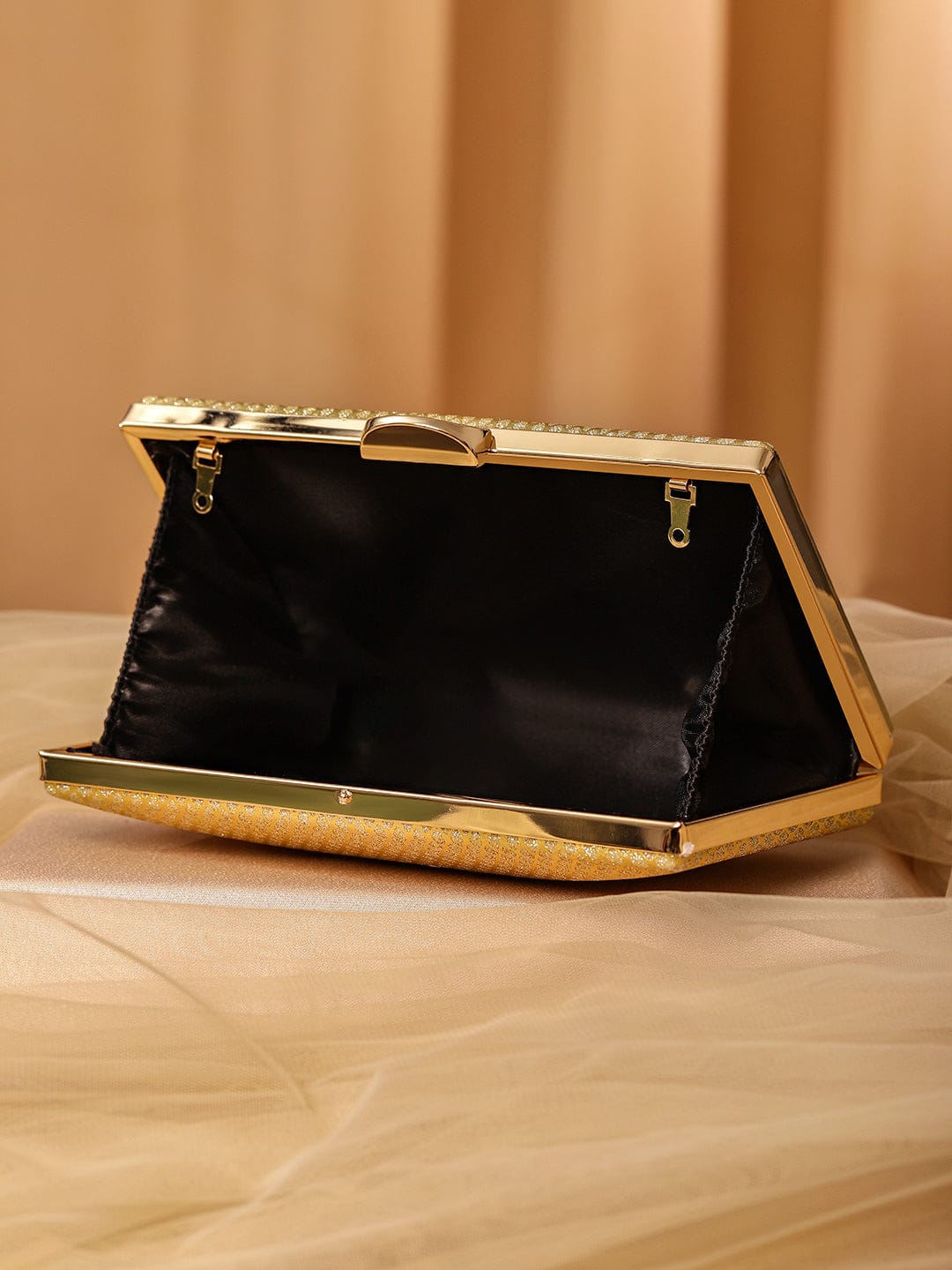 Wentra 24K Gold Shimmery Glossy Box Clutch with Luxe Textured Finish & Chain