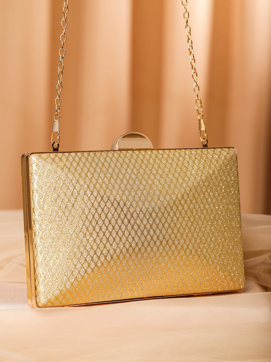 Wentra 24K Gold Shimmery Glossy Box Clutch with Luxe Textured Finish & Chain