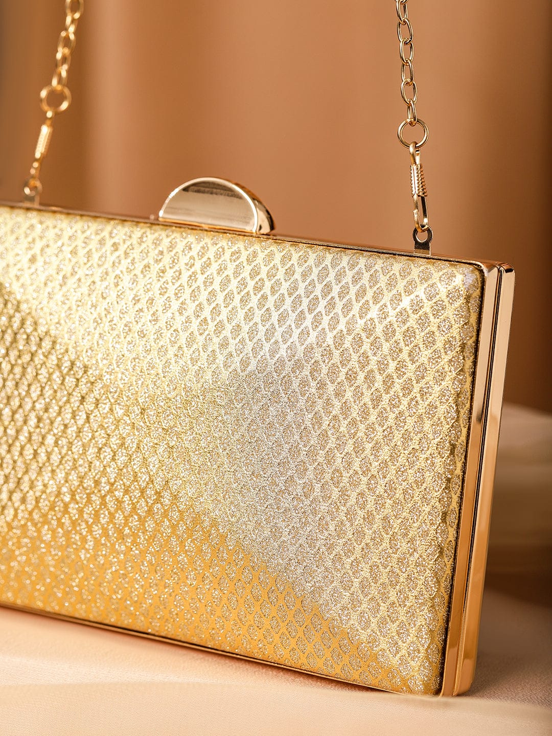 Wentra 24K Gold Shimmery Glossy Box Clutch with Luxe Textured Finish & Chain