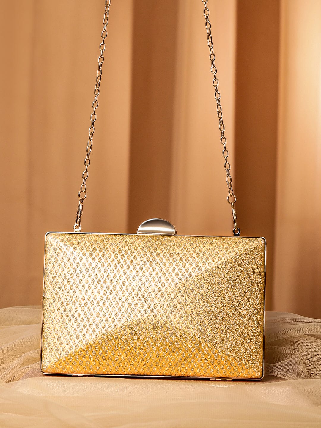 Wentra 24K Gold Shimmery Glossy Box Clutch with Luxe Textured Finish & Chain