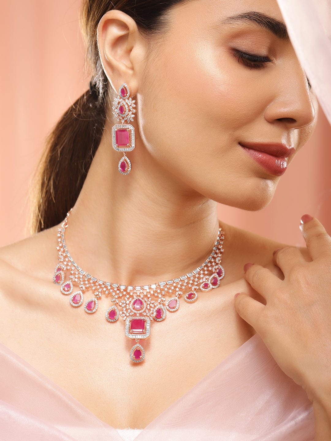 Wentra 24K Rose Gold Plated Ruby Pink Sapphire & Cubic Zirconia Studded Handcrafted Premium Jewellery Set