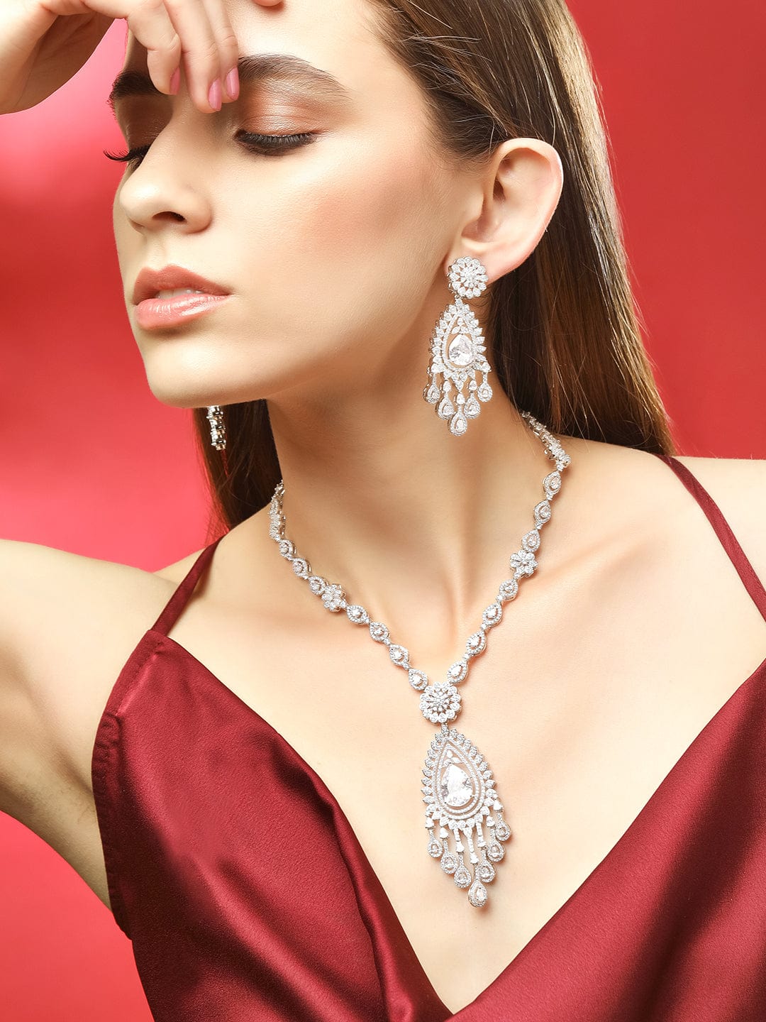 American Diamond Zirconia Floral Drop Necklace Set