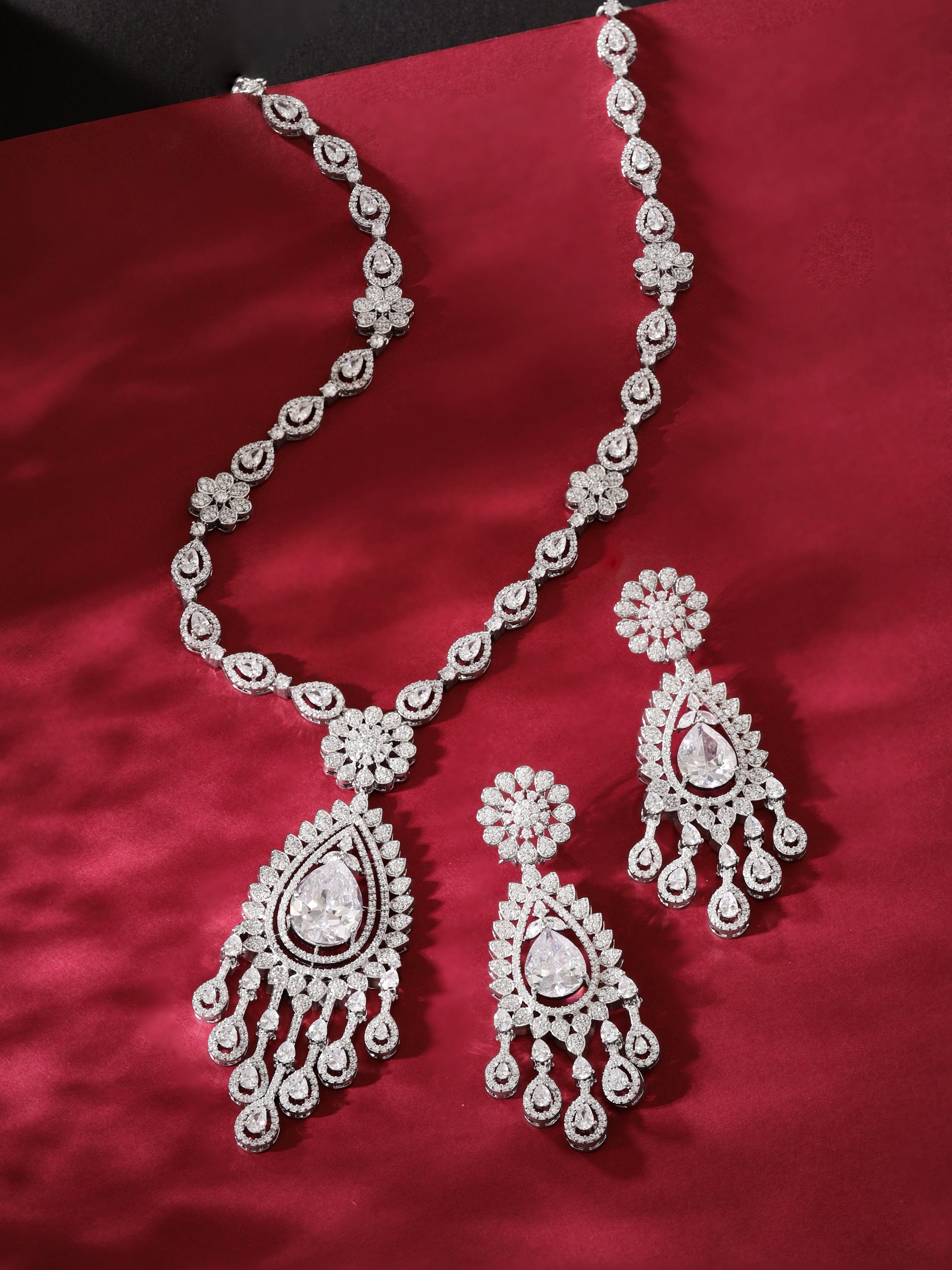 American Diamond Zirconia Floral Drop Necklace Set