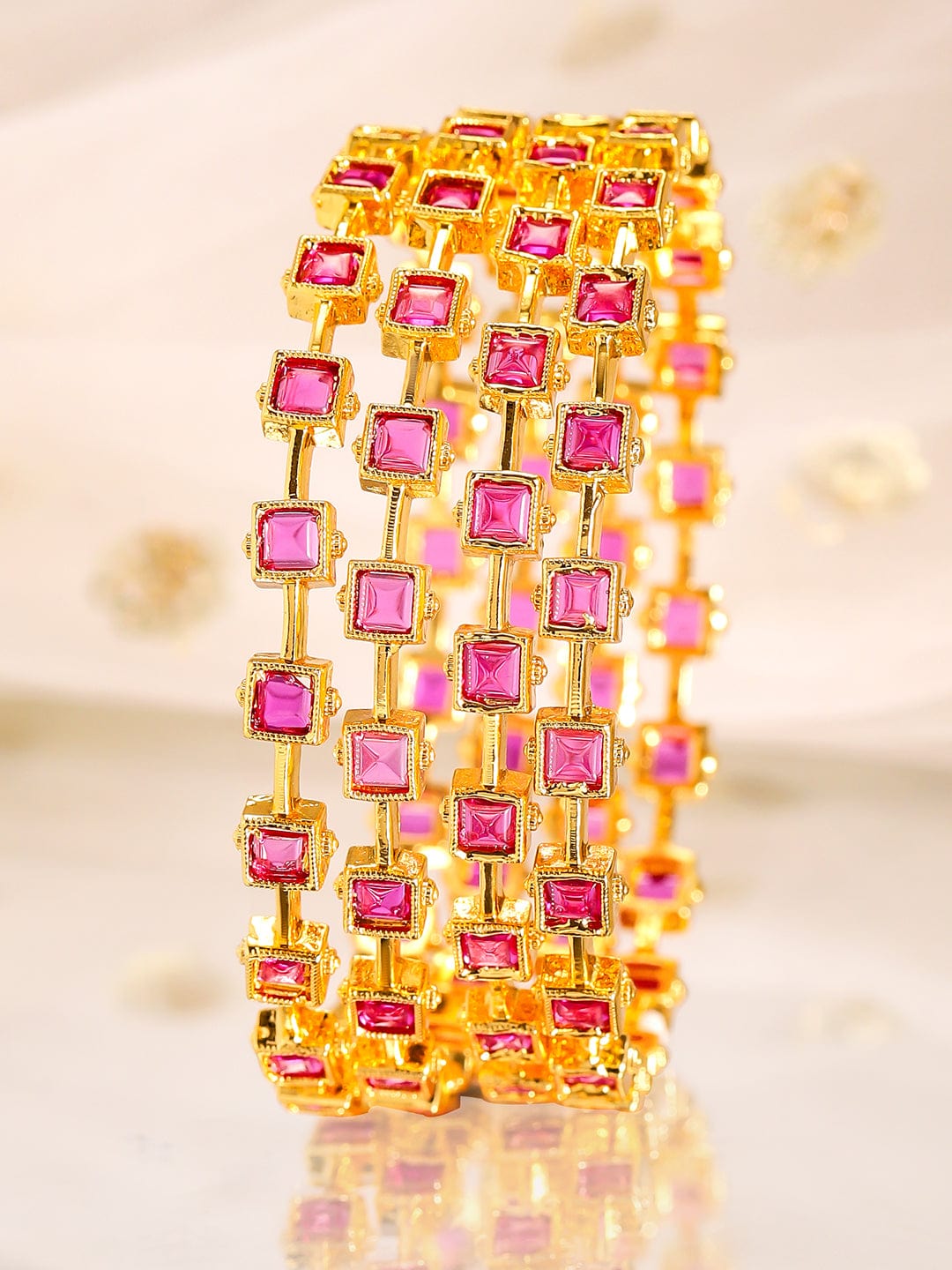Wentra Align Set Of 4 22K Gold-Plated Ruby Pink Stone-Studded  Classic Bangles