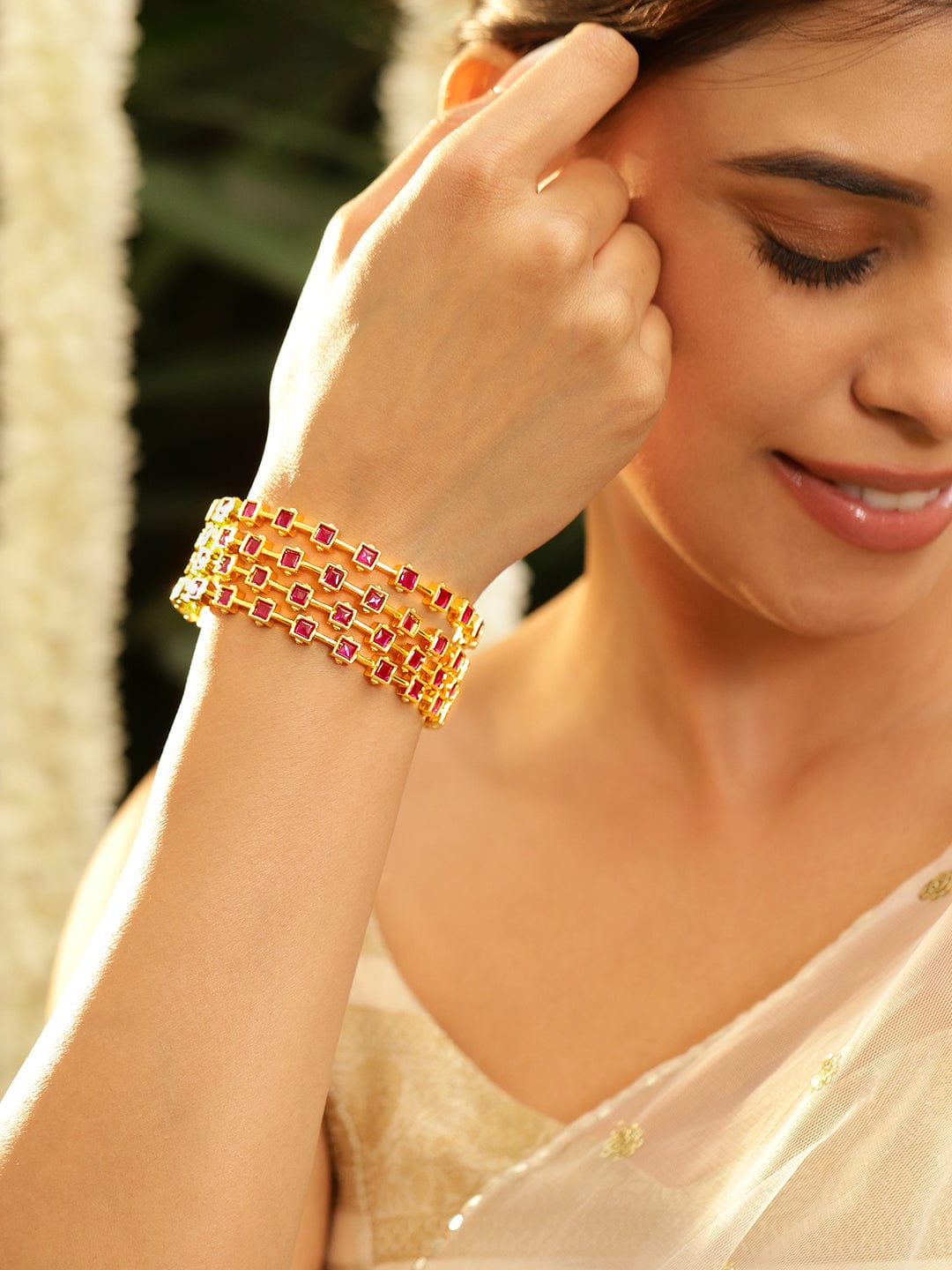 Wentra Align Set Of 4 22K Gold-Plated Ruby Pink Stone-Studded  Classic Bangles