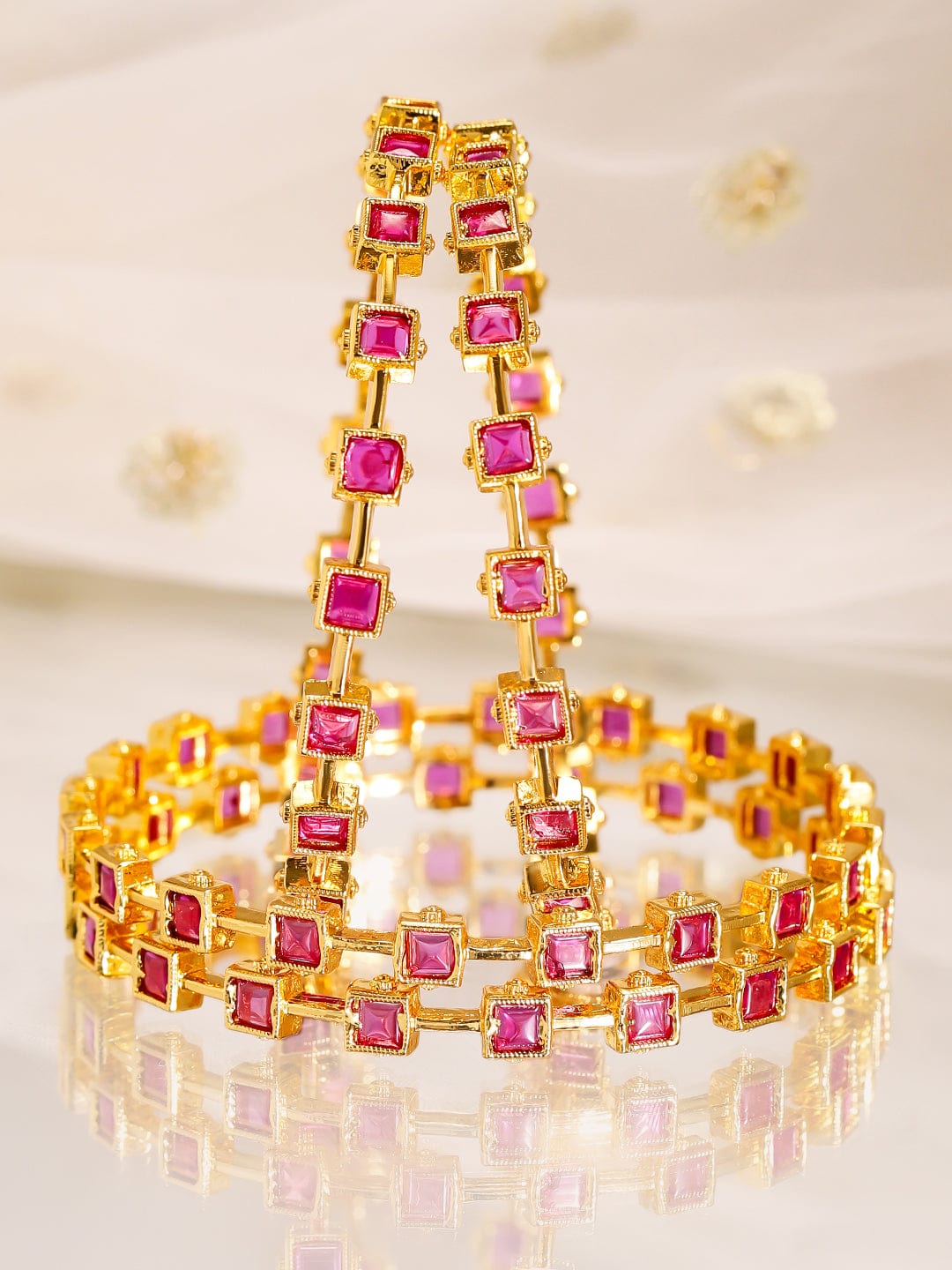 Wentra Align Set Of 4 22K Gold-Plated Ruby Pink Stone-Studded  Classic Bangles