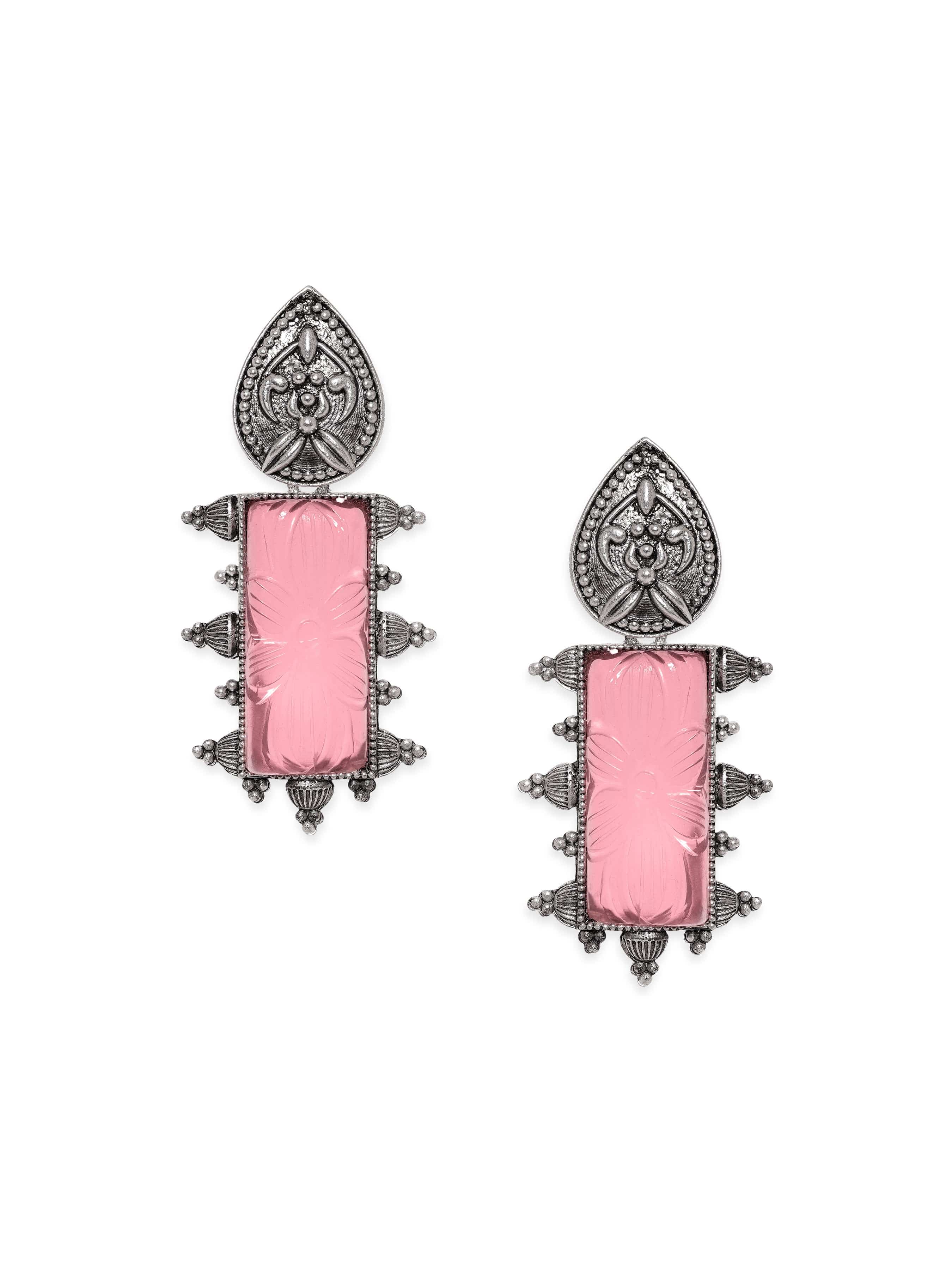 Pink Studded Oxidised Drop Earrings