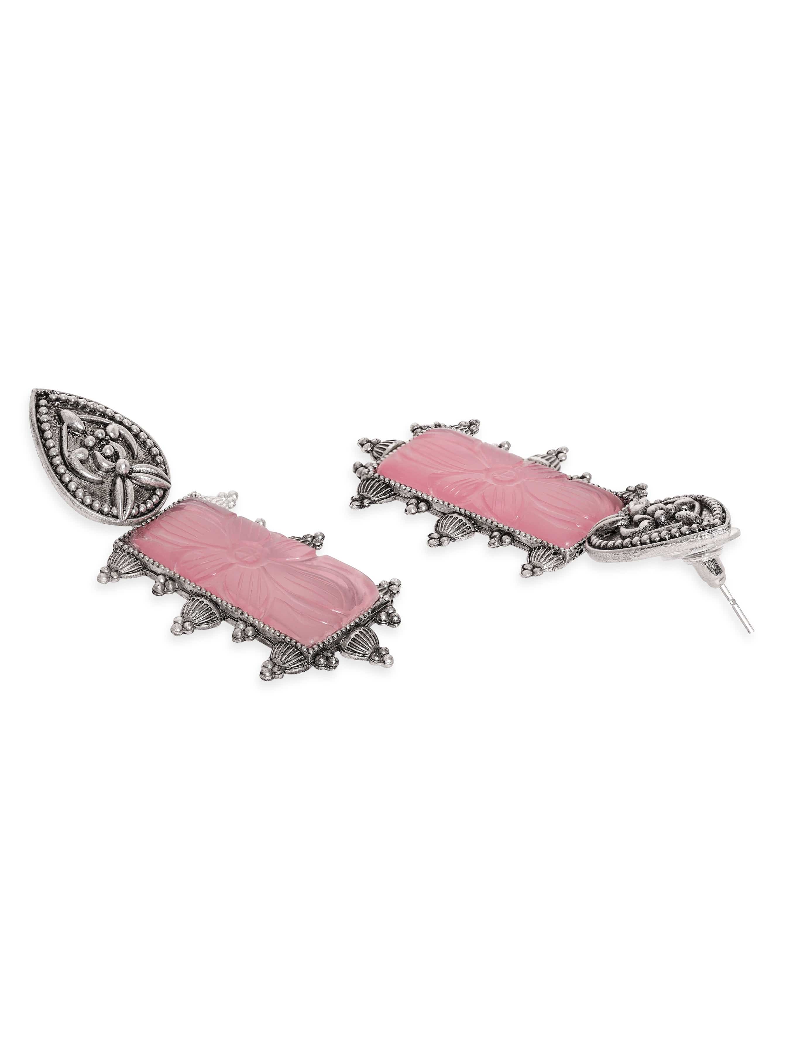 Pink Studded Oxidised Drop Earrings