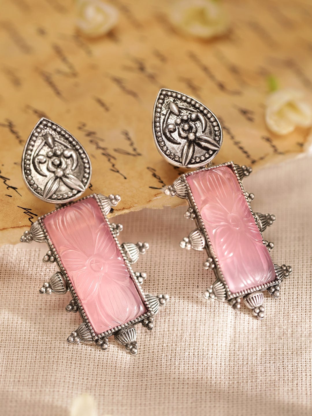 Pink Studded Oxidised Drop Earrings