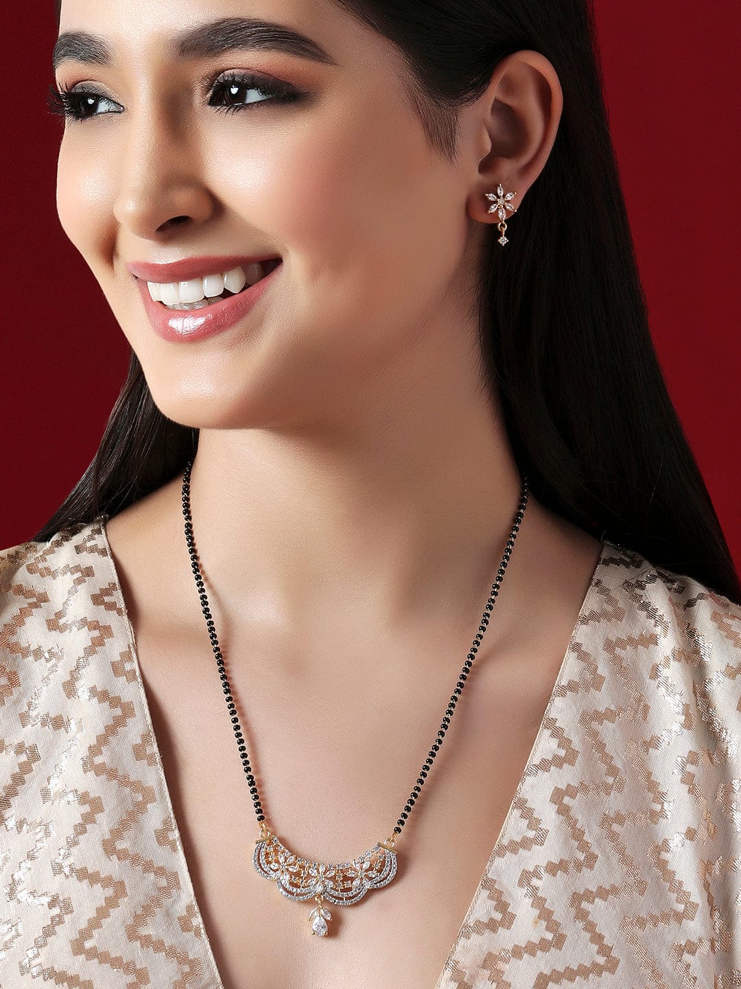 American Diamond Zirconia Mangalsutra With Floral Earrings