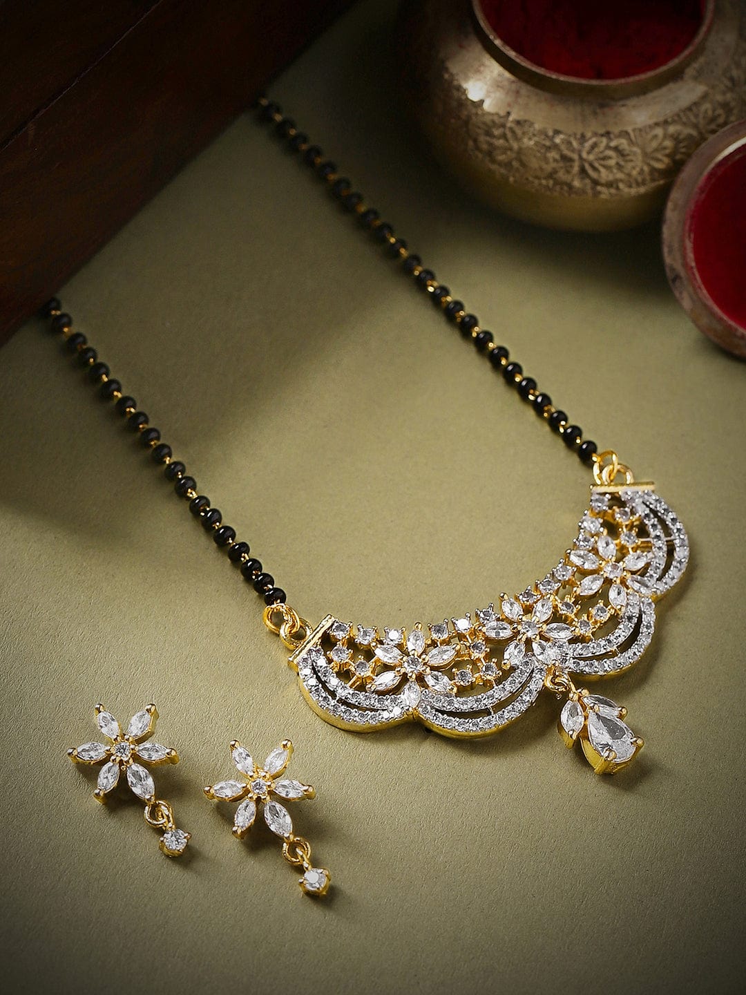 American Diamond Zirconia Mangalsutra With Floral Earrings