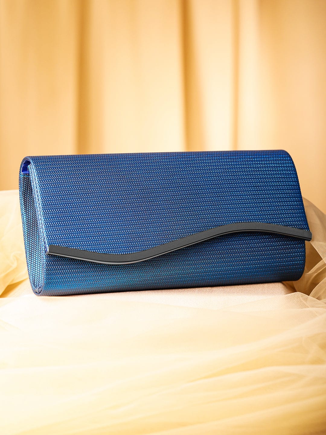 Wentra Blue Sapphire Glossy Textured Clutch with Silver-Tone Wavy Accent & Chain