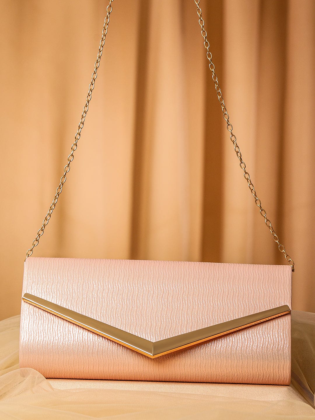 Wentra Blush Pink Shimmery Glossy Envelope Clutch with 24K Gold-Tone Chevron Accent