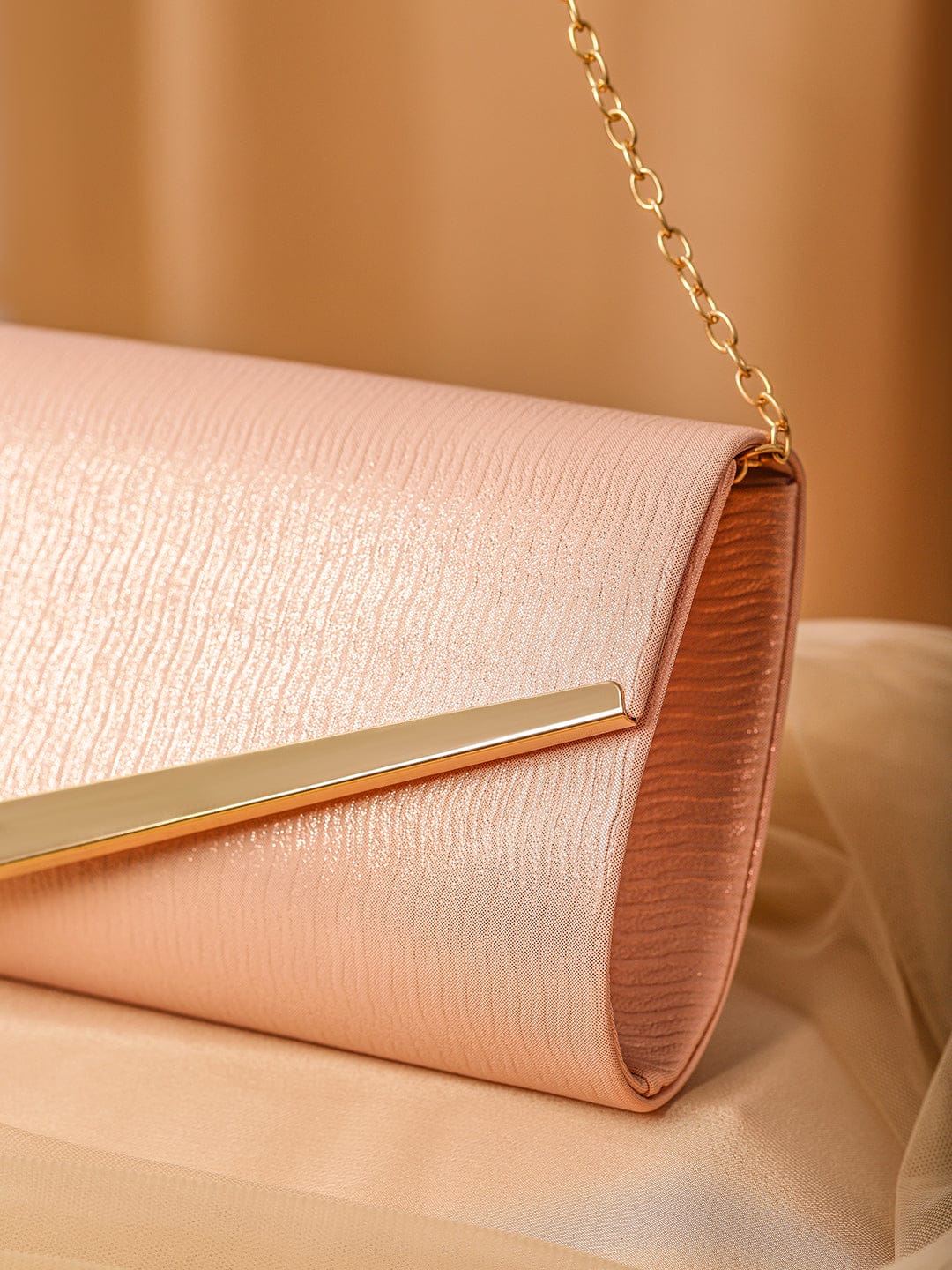 Wentra Blush Pink Shimmery Glossy Envelope Clutch with 24K Gold-Tone Chevron Accent