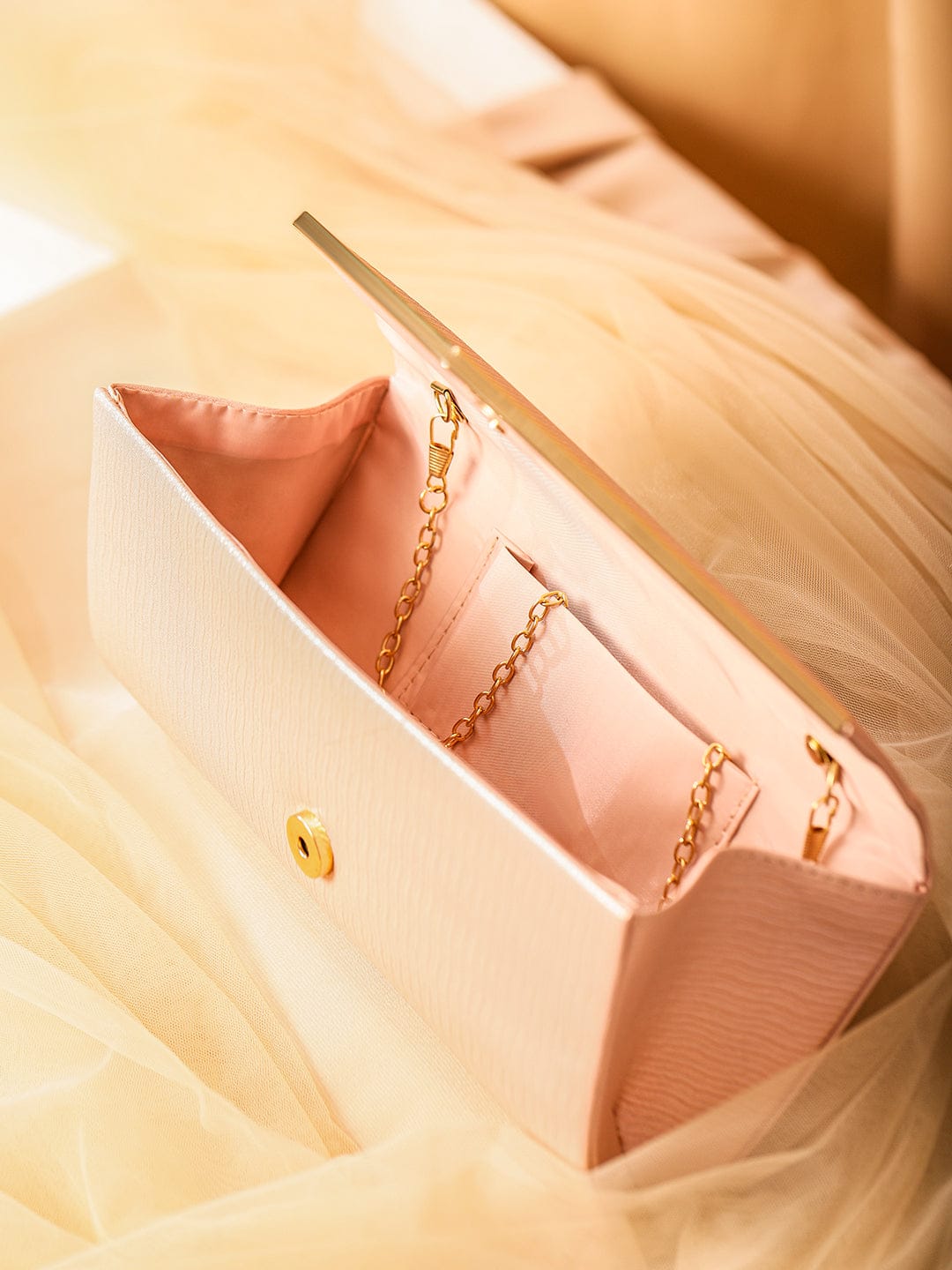 Wentra Blush Pink Shimmery Glossy Envelope Clutch with 24K Gold-Tone Chevron Accent