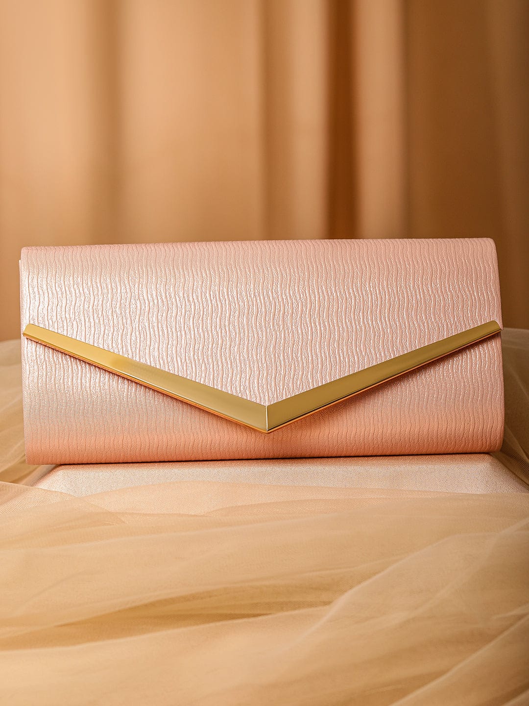 Wentra Blush Pink Shimmery Glossy Envelope Clutch with 24K Gold-Tone Chevron Accent