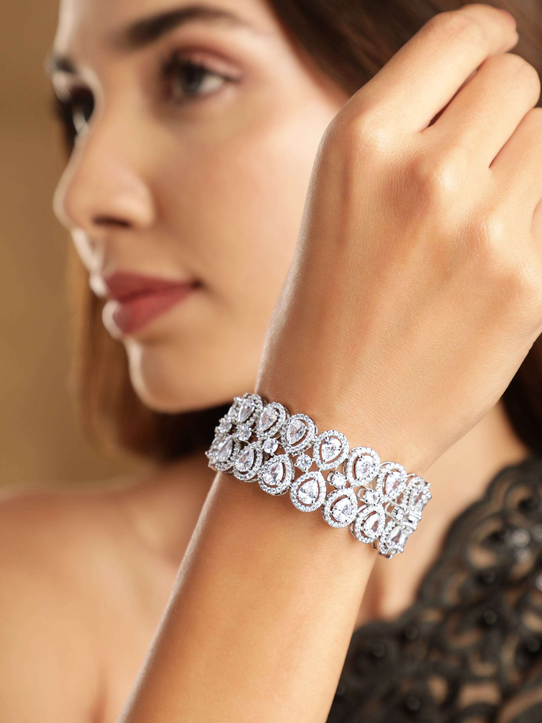 Wentra Brass Cubic Zirconia Rhodium-Plated Bangle-Style Bracelet
