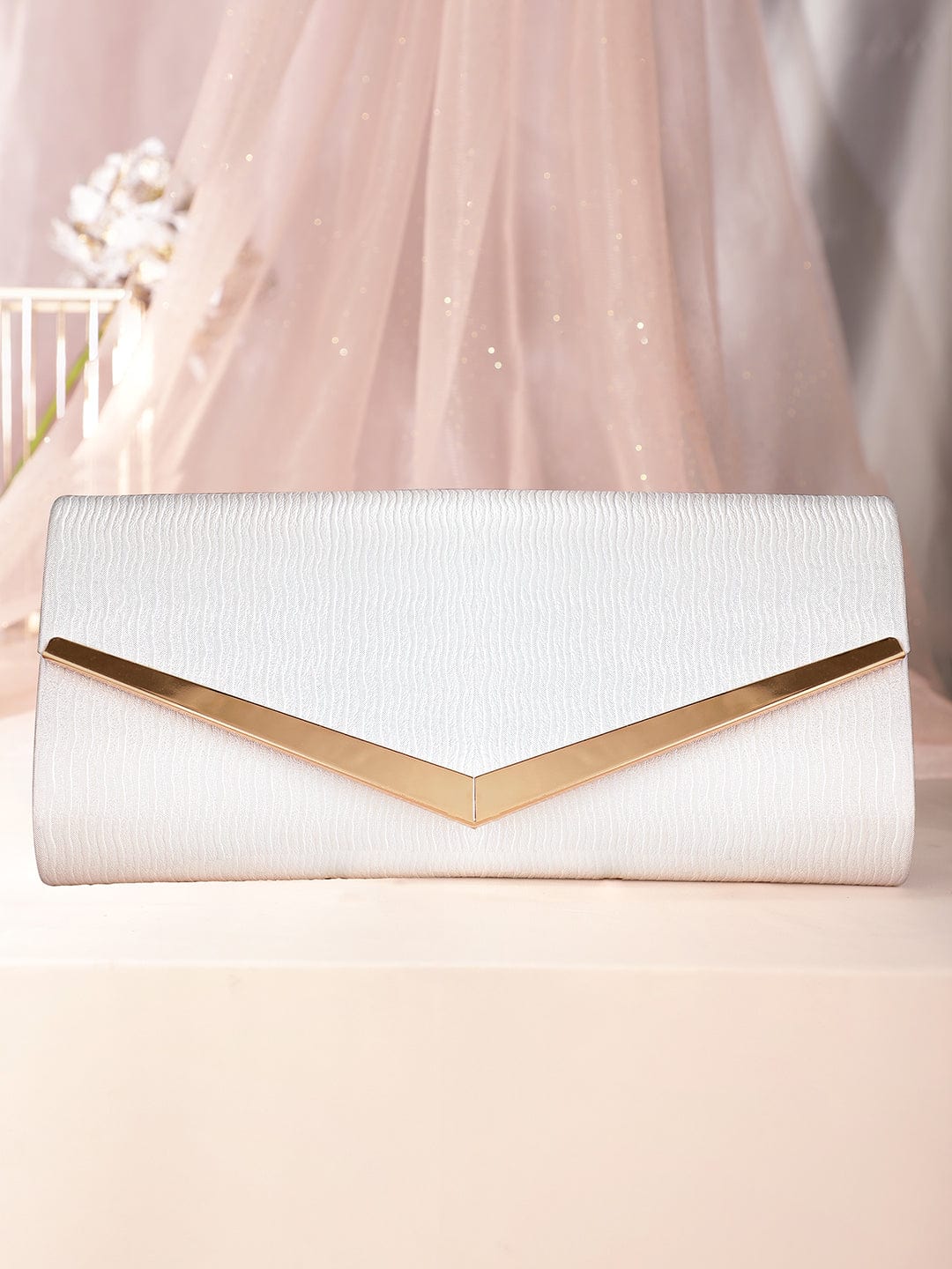 Wentra Chic Simplicity Handcrafted Beige Textured Glossy Finish Clutch Bag