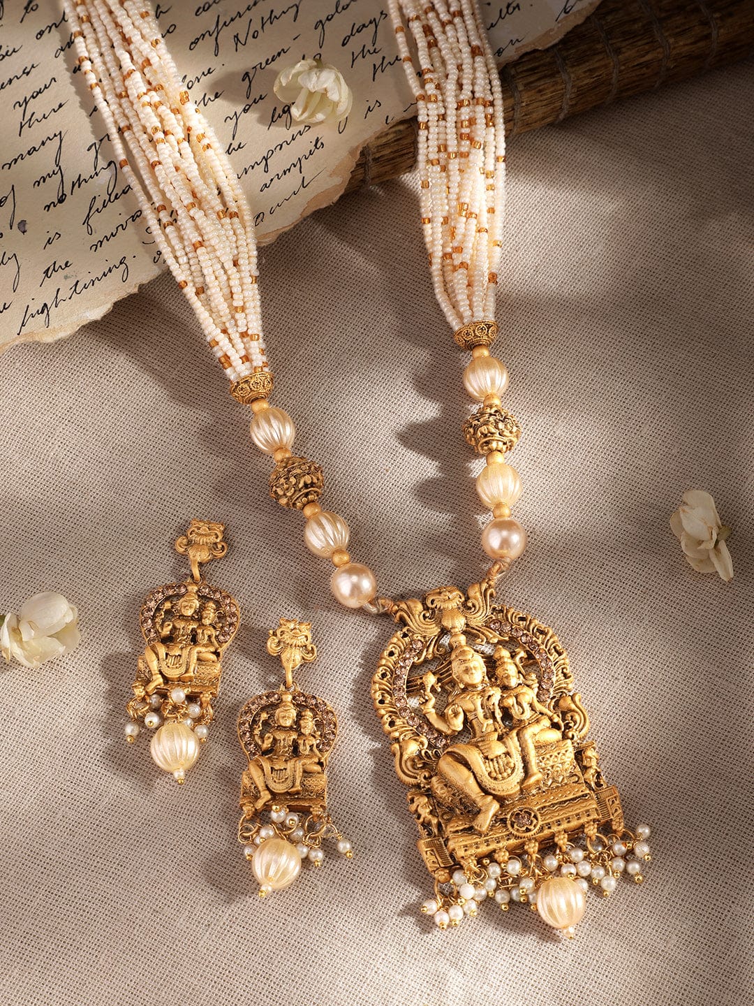 Godess Laxmi Pearl Beaded Temple Necklace Set