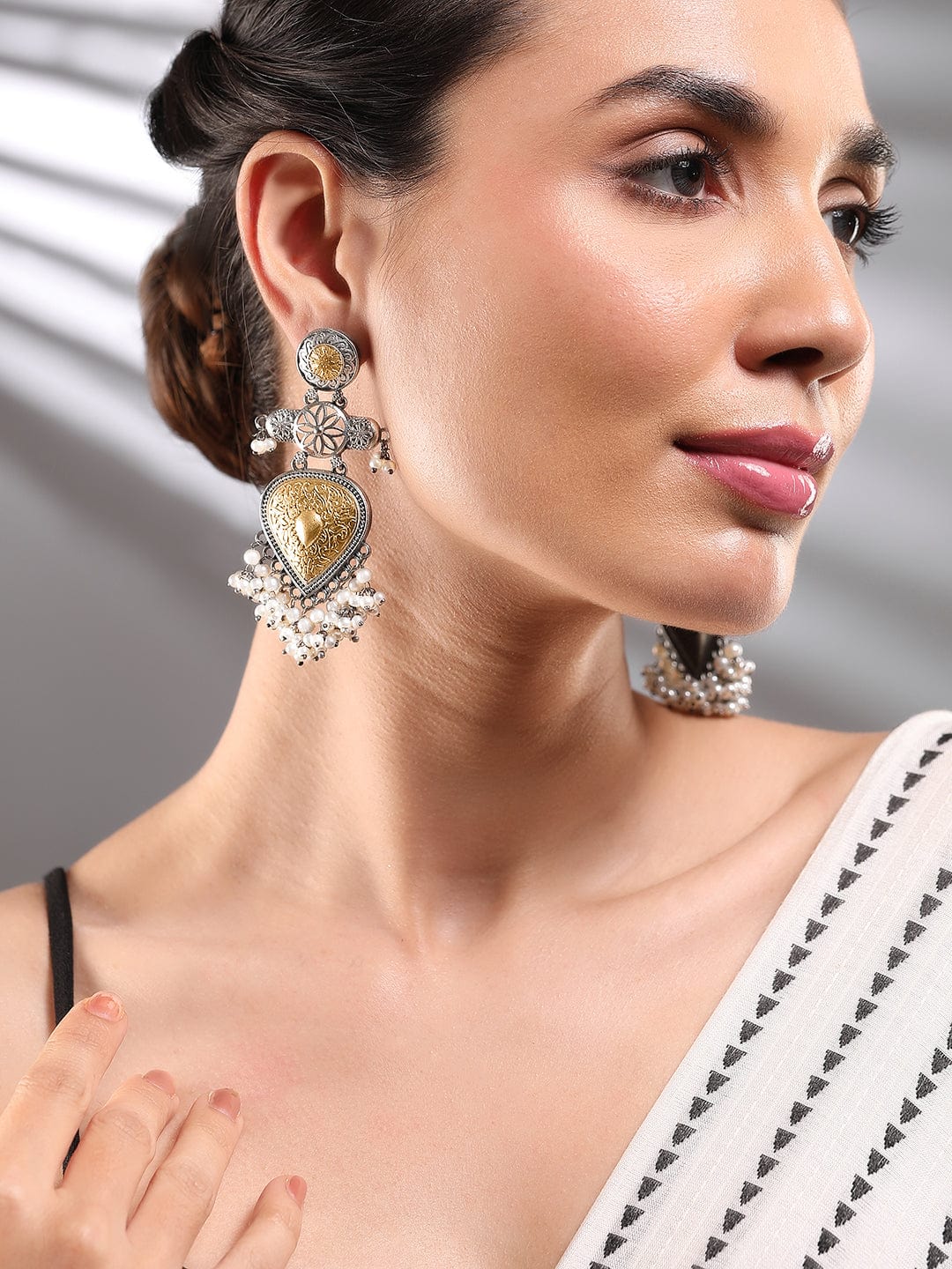 Tribal Glam Dual Tone Pearls Danglers