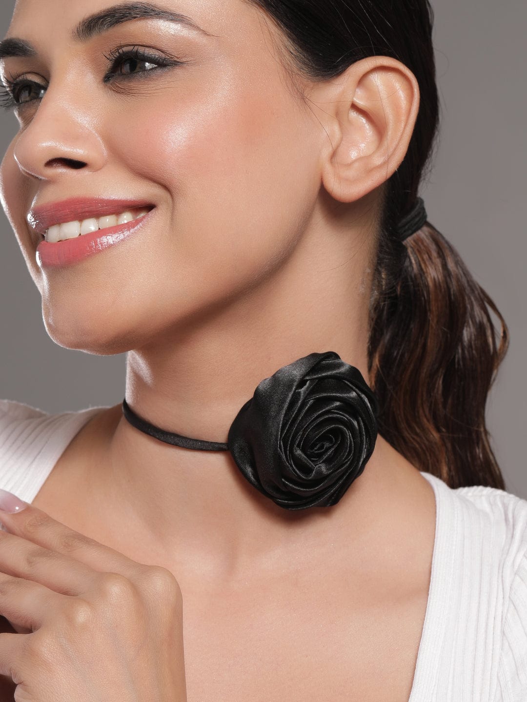 Flower Accent Black Cord Choker Set