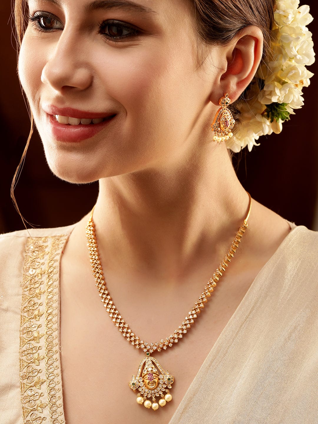 Temple Necklace Set with Pearl Drops